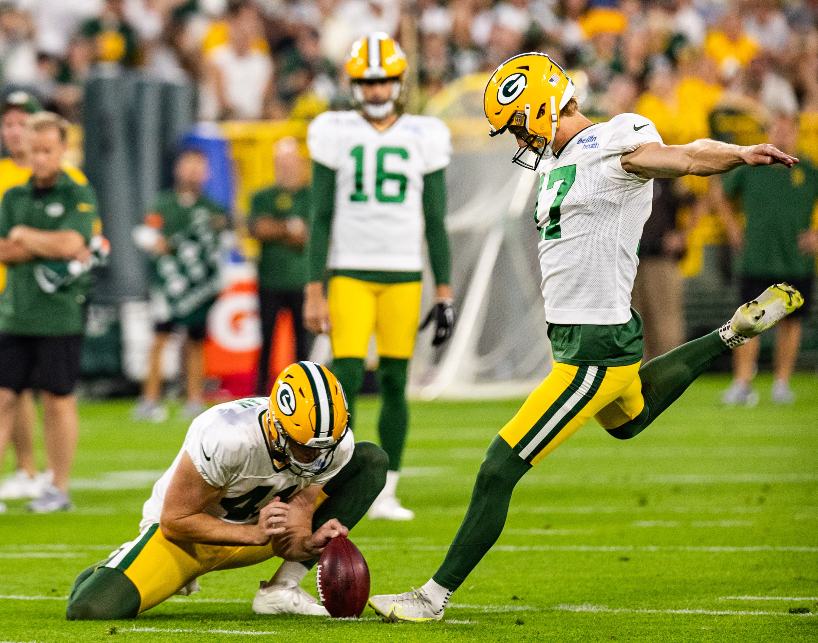 Green Bay Packers place kicker Anders Carlson (17) kicks the ball at Packers Family Night on Saturday, August 5, 2023, at Lambeau Field in Green Bay, Wis. Seeger Gray/USA TODAY NETWORK-Wisconsin