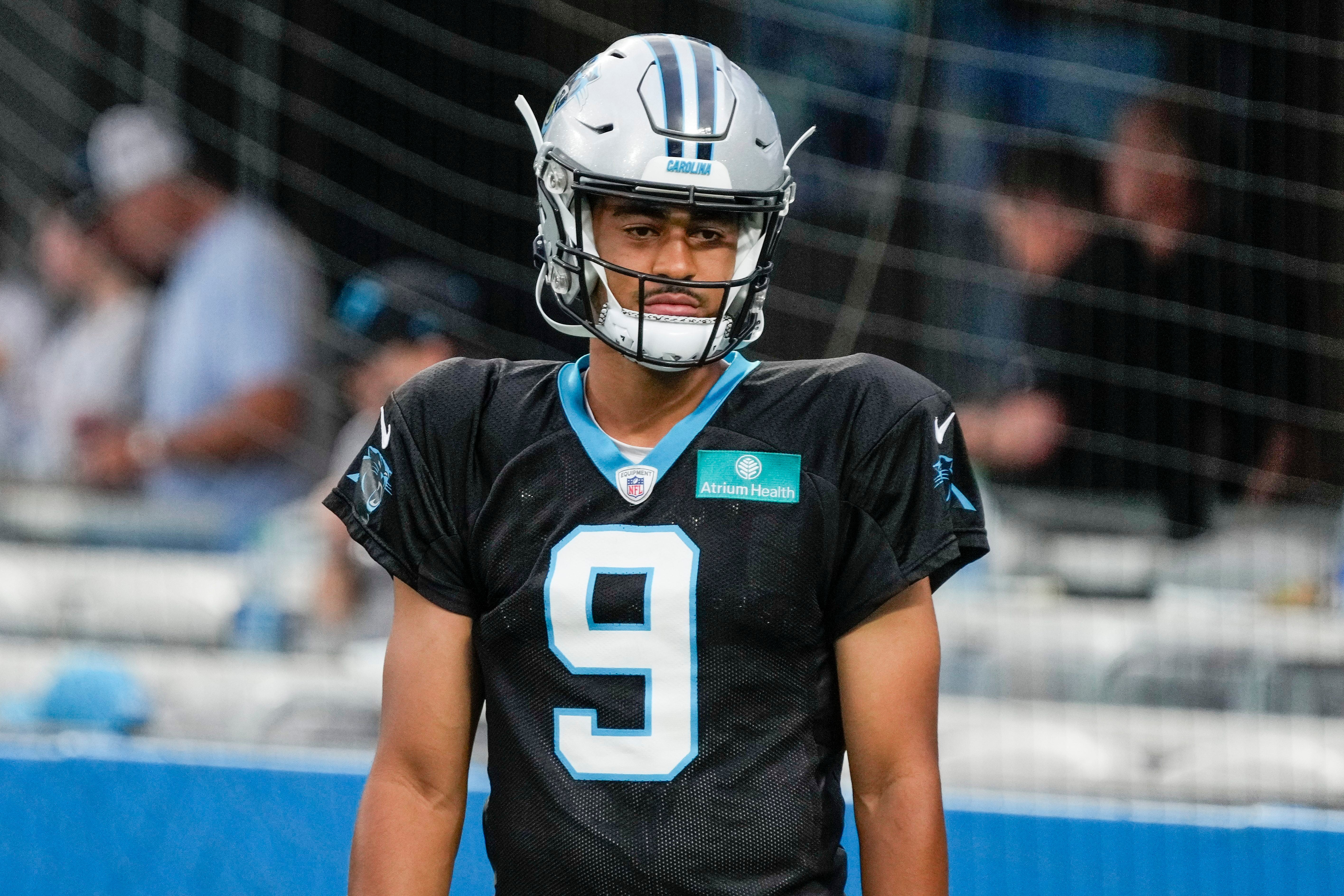 Aug 2, 2023; Charlotte, NC, USA; quarterback Bryce Young (9) during Carolina Panthers Fan Fest at Bank of America Stadium in Charlotte, NC.