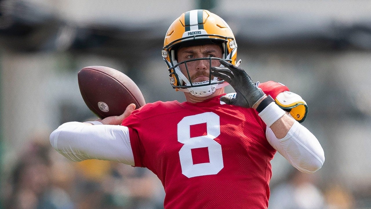 Green Bay Packers quarterback Sean Clifford throws a pass during practice on Monday, July 31, 2023, at Ray Nitschke Field in Green Bay, Wis.
