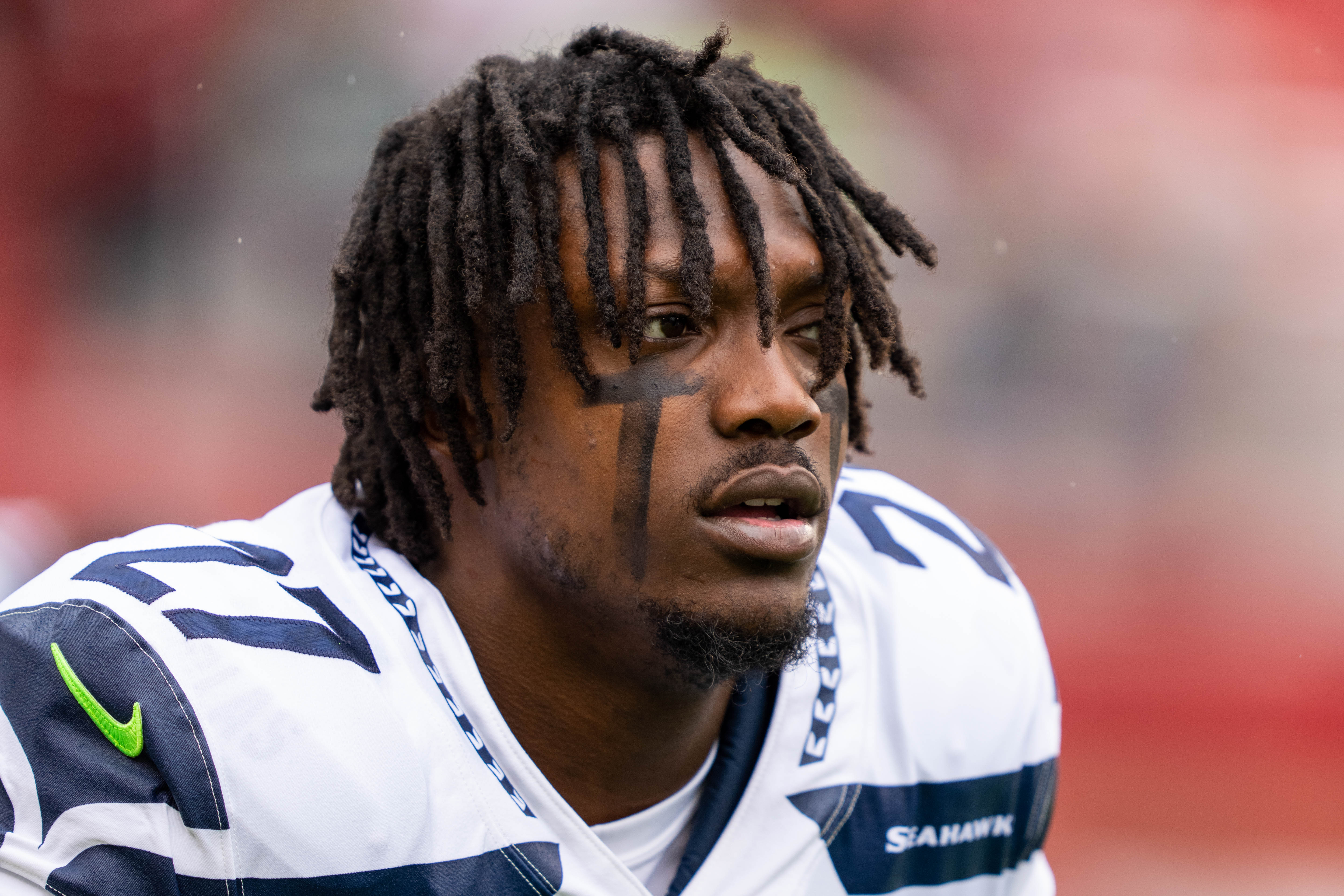 September 18, 2022; Santa Clara, California, USA; Seattle Seahawks cornerback Tariq Woolen (27) before the game against the San Francisco 49ers at Levi's Stadium. Mandatory Credit: Kyle Terada-USA TODAY Sports