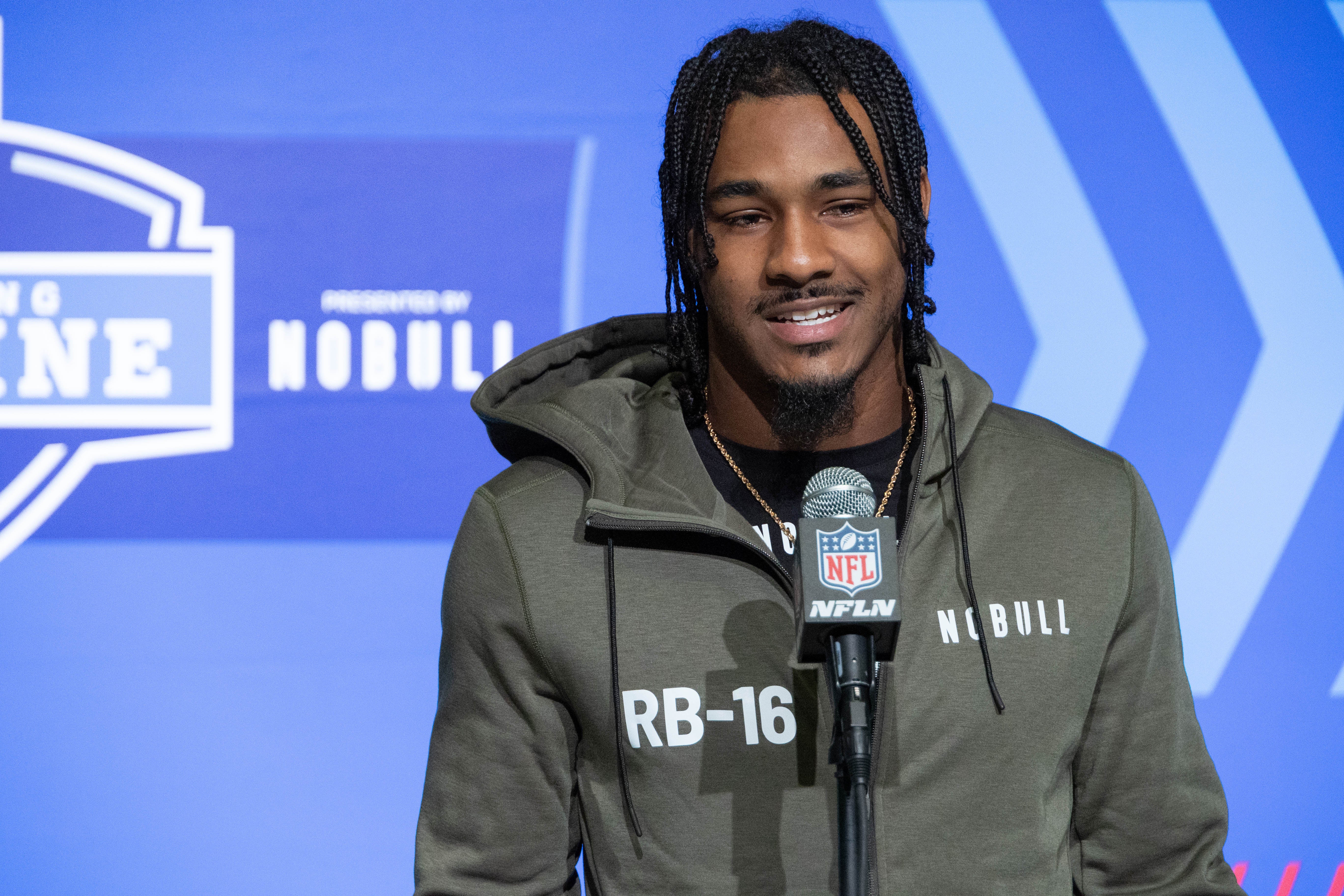 Mar 4, 2023; Indianapolis, IN, USA; Georgia running back Kenny Mcintosh (RB16) speaks to the press at the NFL Combine at Lucas Oil Stadium. Mandatory Credit: Trevor Ruszkowski-USA TODAY Sports