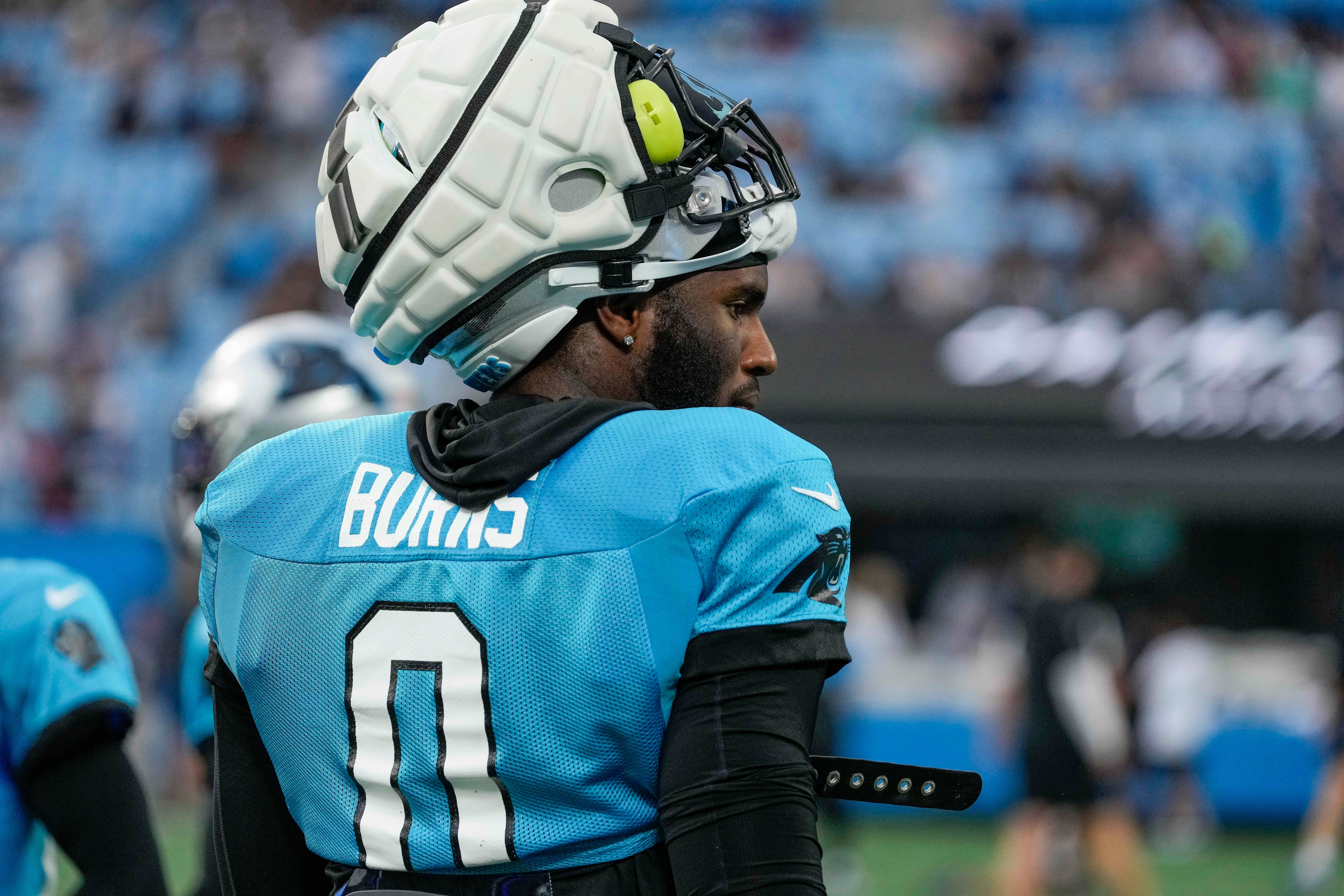 Aug 2, 2023; Charlotte, NC, USA; Carolina Panthers linebacker Brian Burns (0) during Fan Fest at Bank of America Stadium in Charlotte, NC.