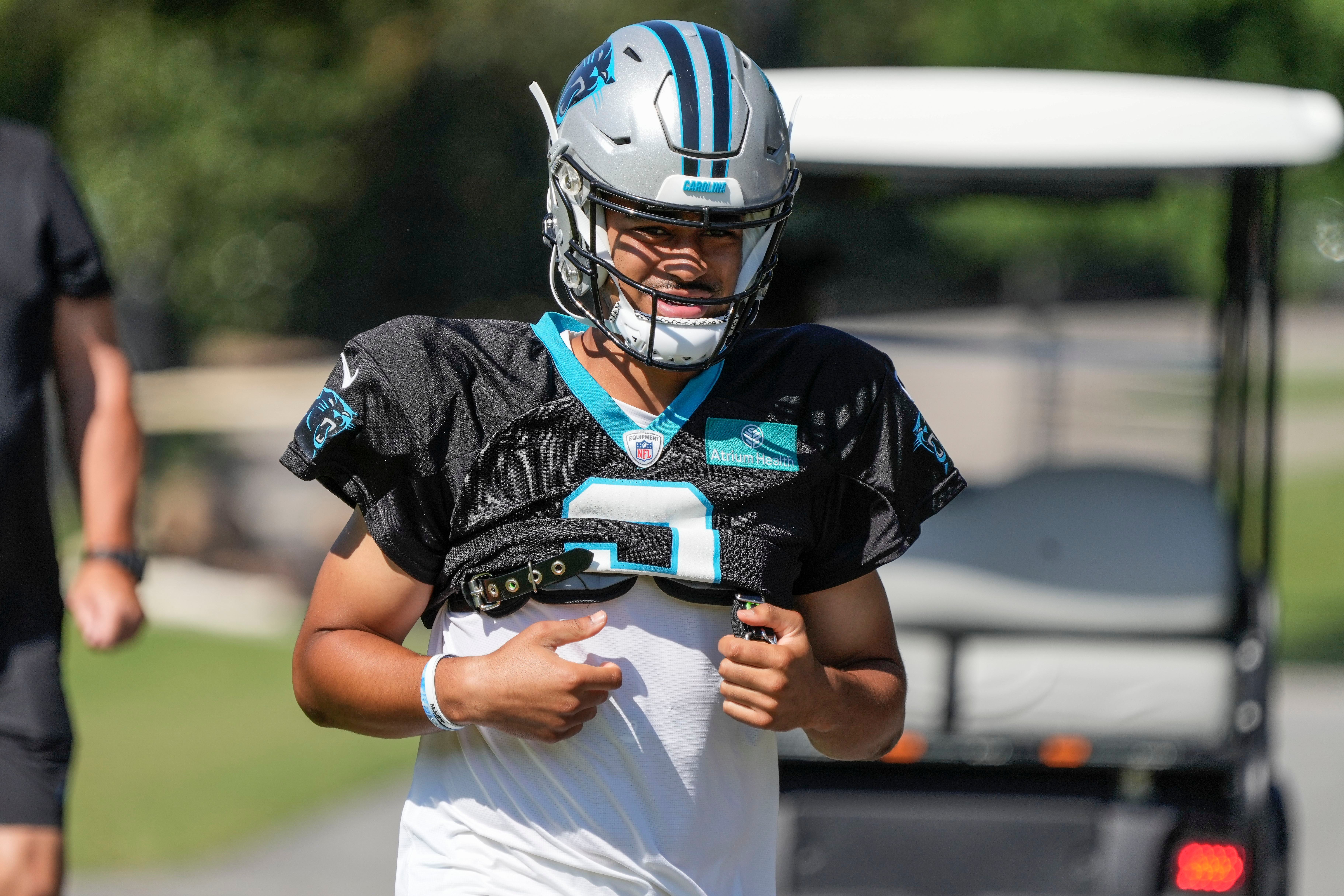 Jul 31, 2023; Spartanburg, SC, USA; Carolina Panthers quarterback Bryce Young (9) trots up to the practice field during training camp at Wofford College.