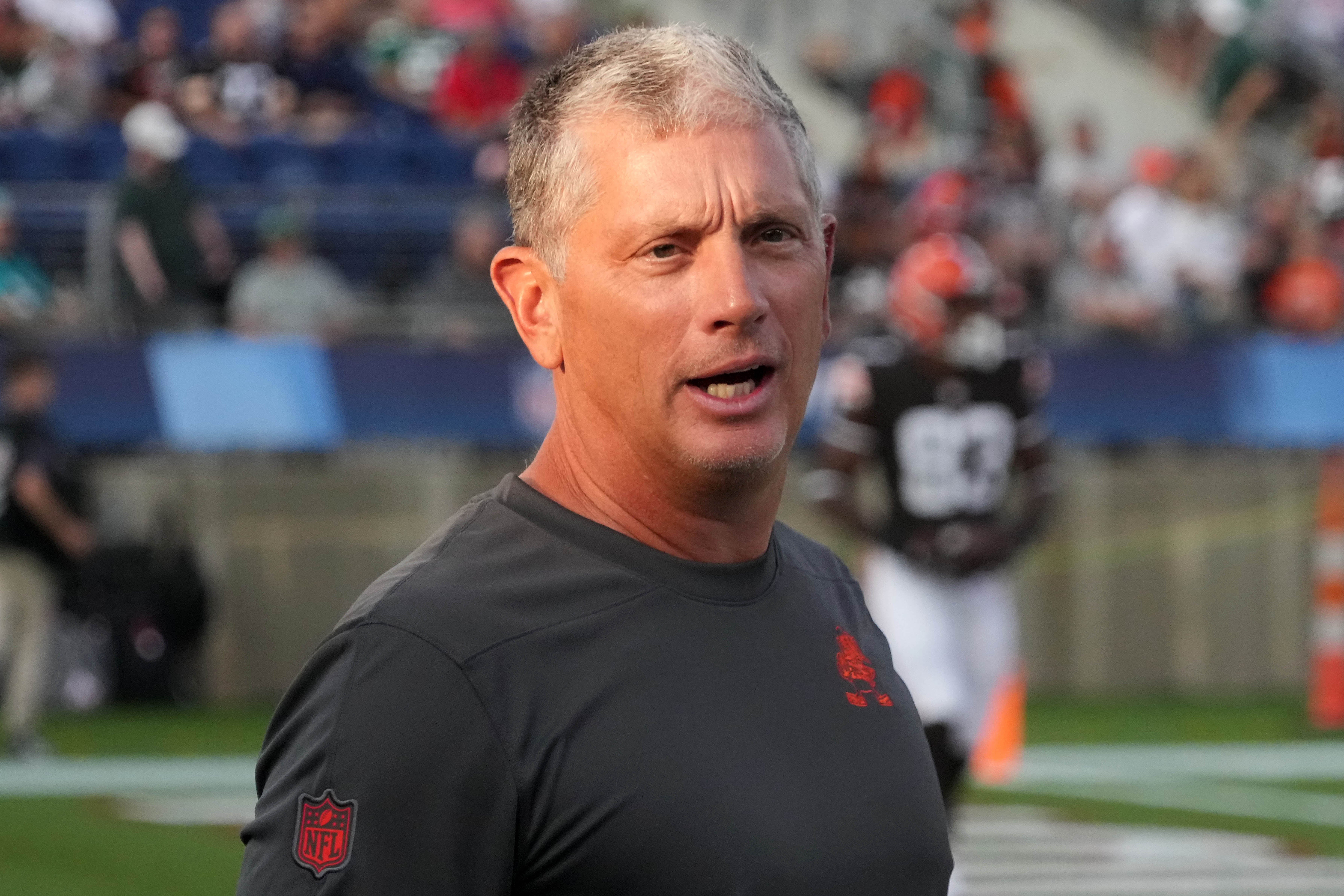 Aug 3, 2023; Canton, Ohio, USA; Cleveland Browns defensive coordinator Jim Schwartz during a preseason game against the New York Jets at Tom Benson Hall of Fame Stadium.