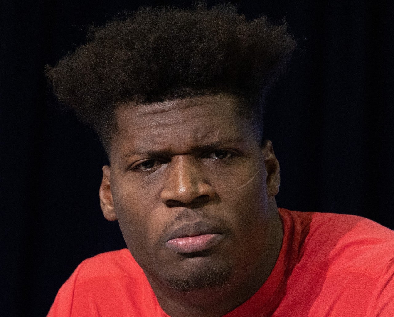 Mar 3, 2023; Indianapolis, IN, USA; Georgia tight end Darnell Washington (TE17) speaks to the press at the NFL Combine at Lucas Oil Stadium.