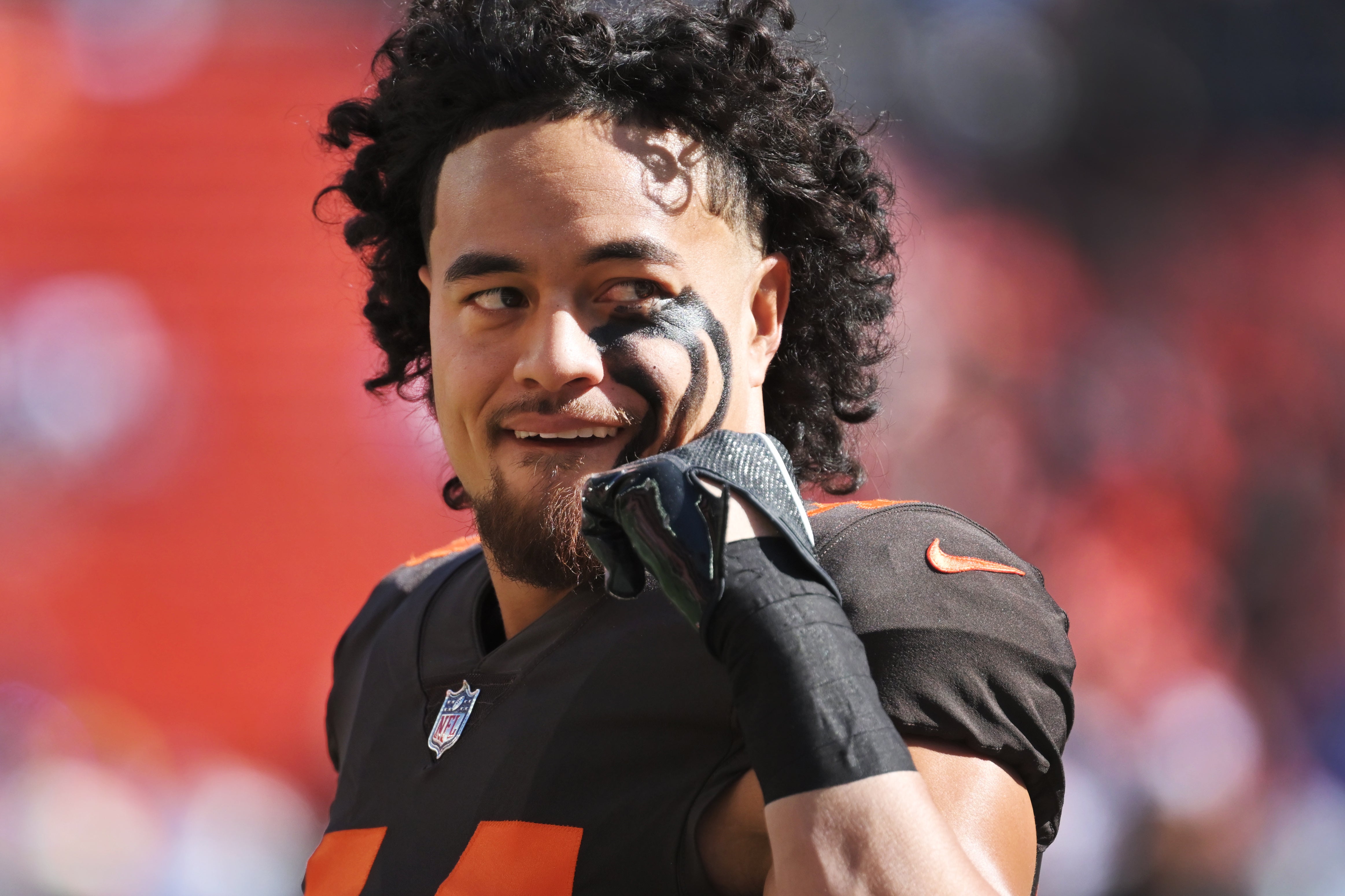 Oct 9, 2022; Cleveland, Ohio, USA; Cleveland Browns linebacker Sione Takitaki (44) motions to fans before the game between the Browns and the Los Angeles Chargers at FirstEnergy Stadium.