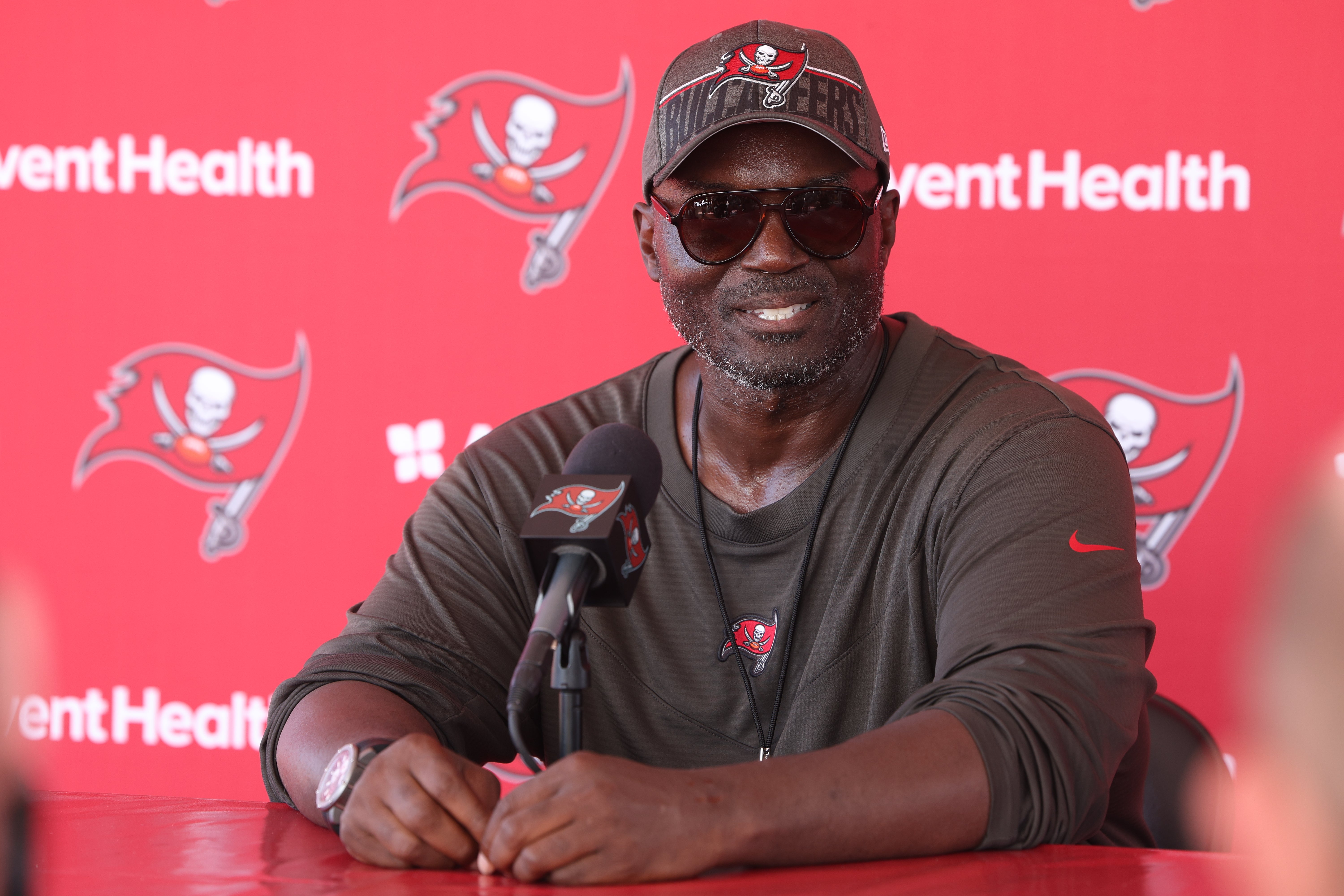 Aug 3, 2023; Tampa Bay, FL, USA; Tampa Bay Buccaneers head coach Todd Bowles gives a press conference after training camp at AdventHealth Training Center. Mandatory Credit: Nathan Ray Seebeck-USA TODAY Sports
