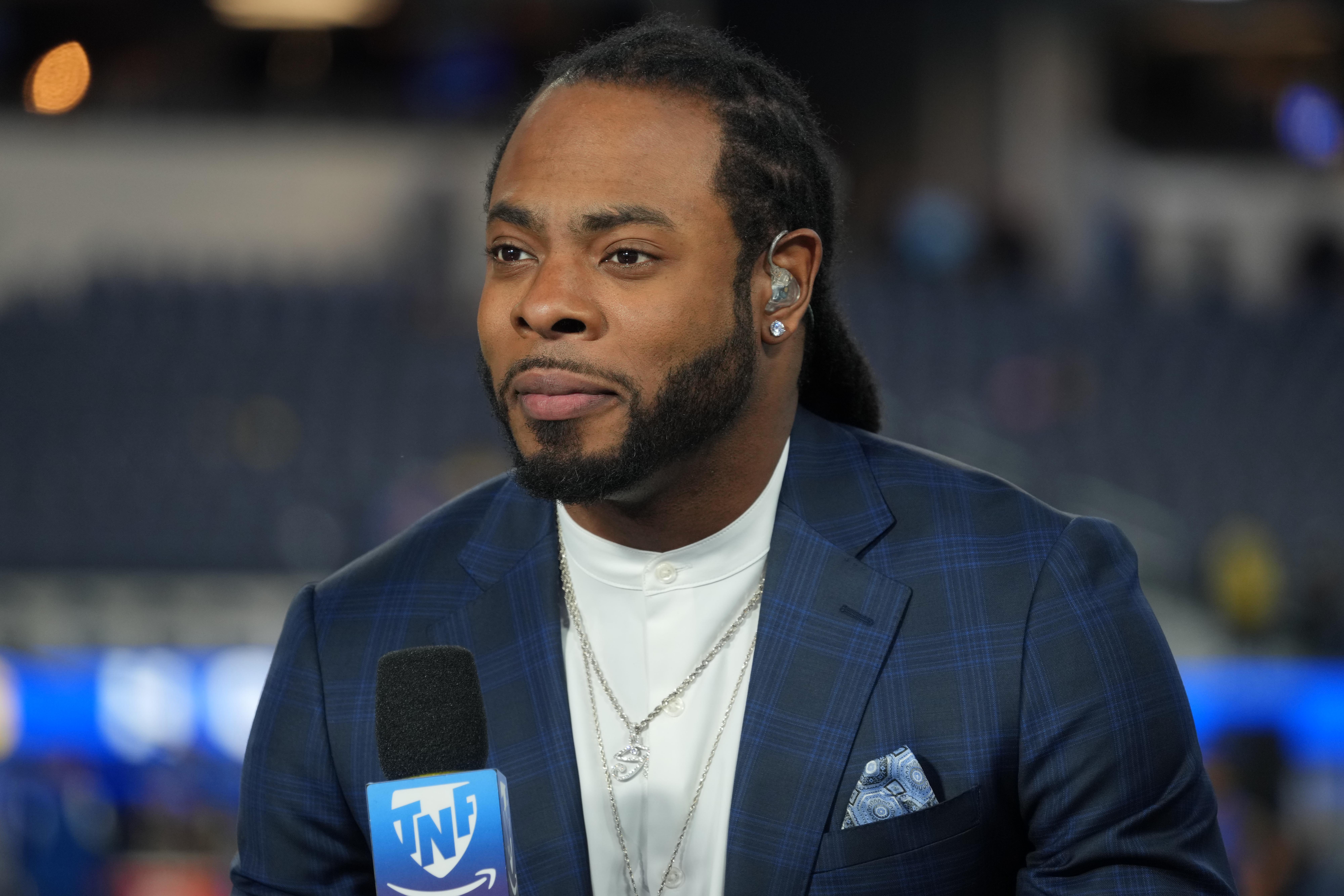 Dec 8, 2022; Inglewood, California, USA; Richard Sherman on the Prime Video Thursday Night Football set at SoFi Stadium. Mandatory Credit: Kirby Lee-USA TODAY Sports