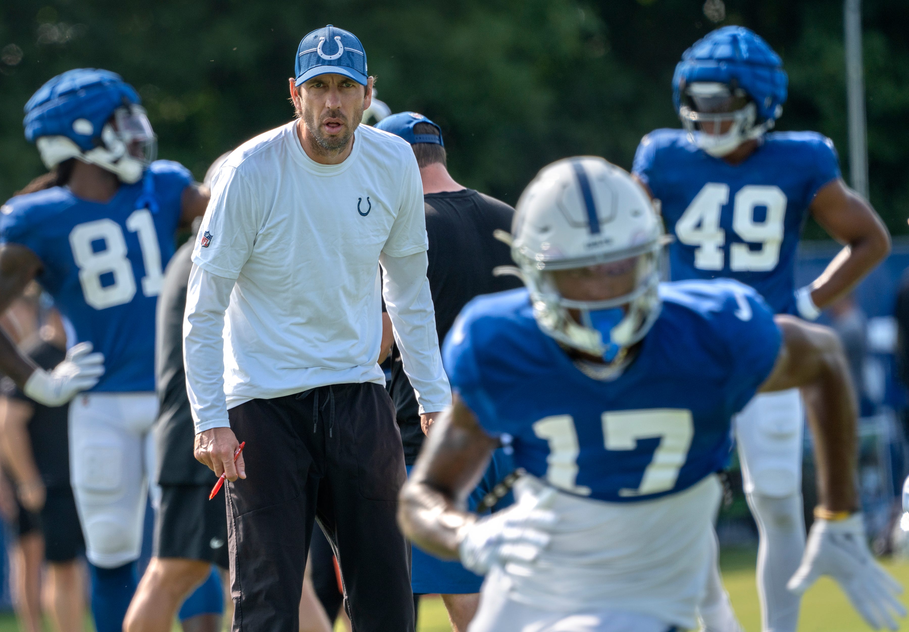 Indianapolis Colts Head Coach Shane Steichen watches the players during Colts Camp practice at Grand Park, Tuesday, Aug. 1, 2023 in Westfield.