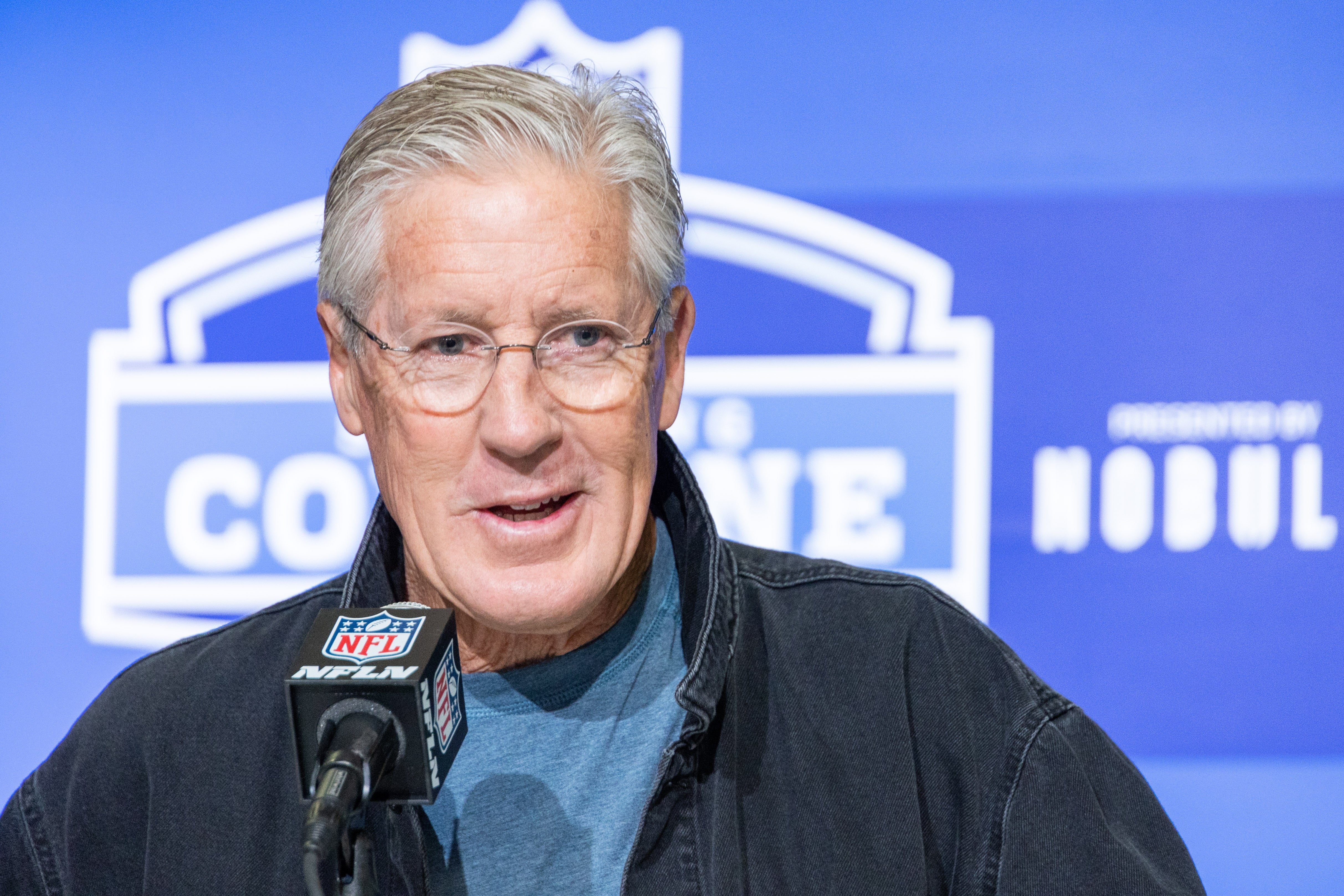 Feb 28, 2023; Indianapolis, IN, USA; Seattle Seahawks coach Pete Carroll speaks to the press at the NFL Combine at Lucas Oil Stadium. Mandatory Credit: Trevor Ruszkowski-USA TODAY Sports
