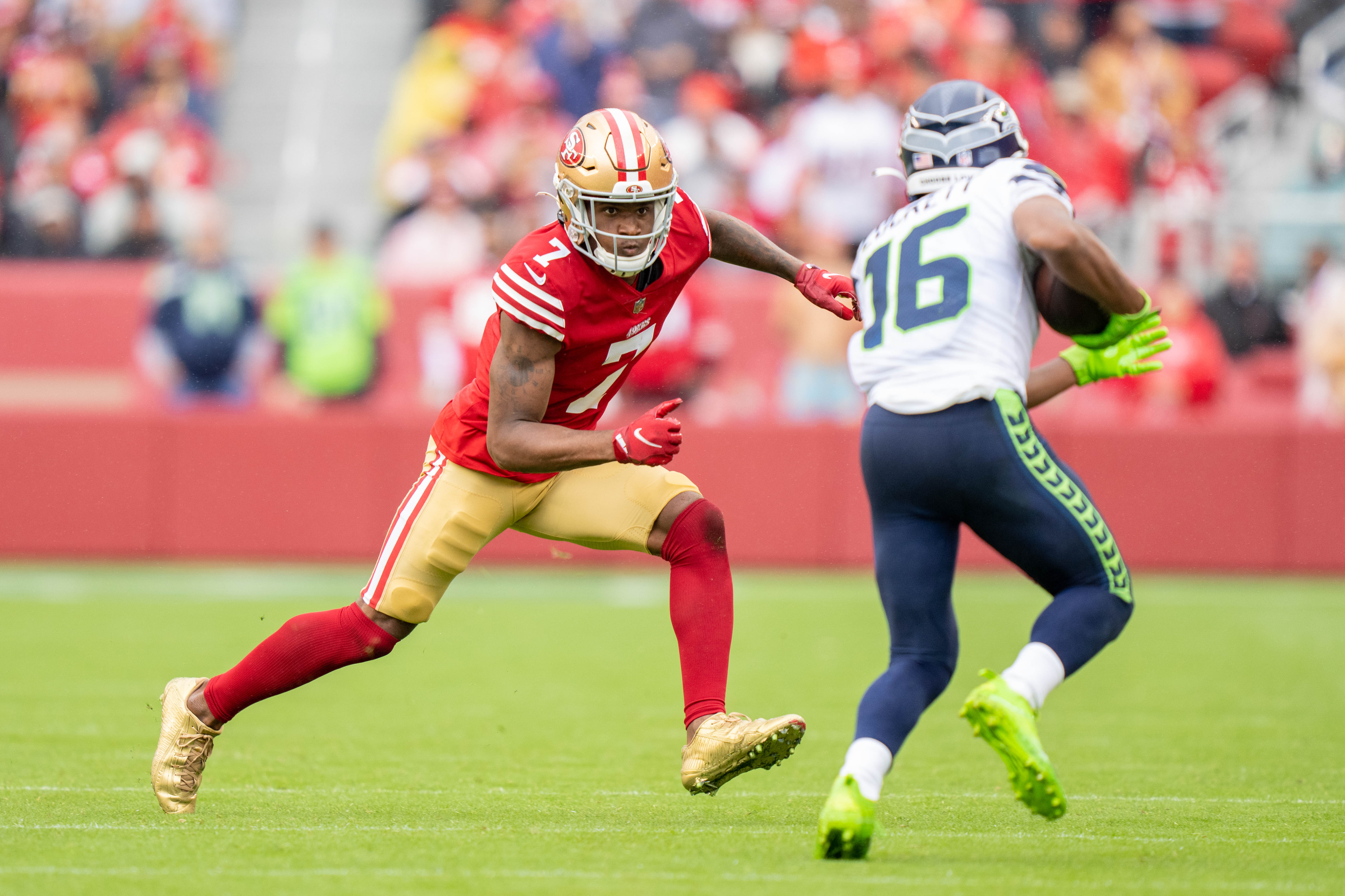September 18, 2022; Santa Clara, California, USA; San Francisco 49ers cornerback Charvarius Ward (7) during the third quarter against the Seattle Seahawks at Levi's Stadium. Mandatory Credit: Kyle Terada-USA TODAY Sports