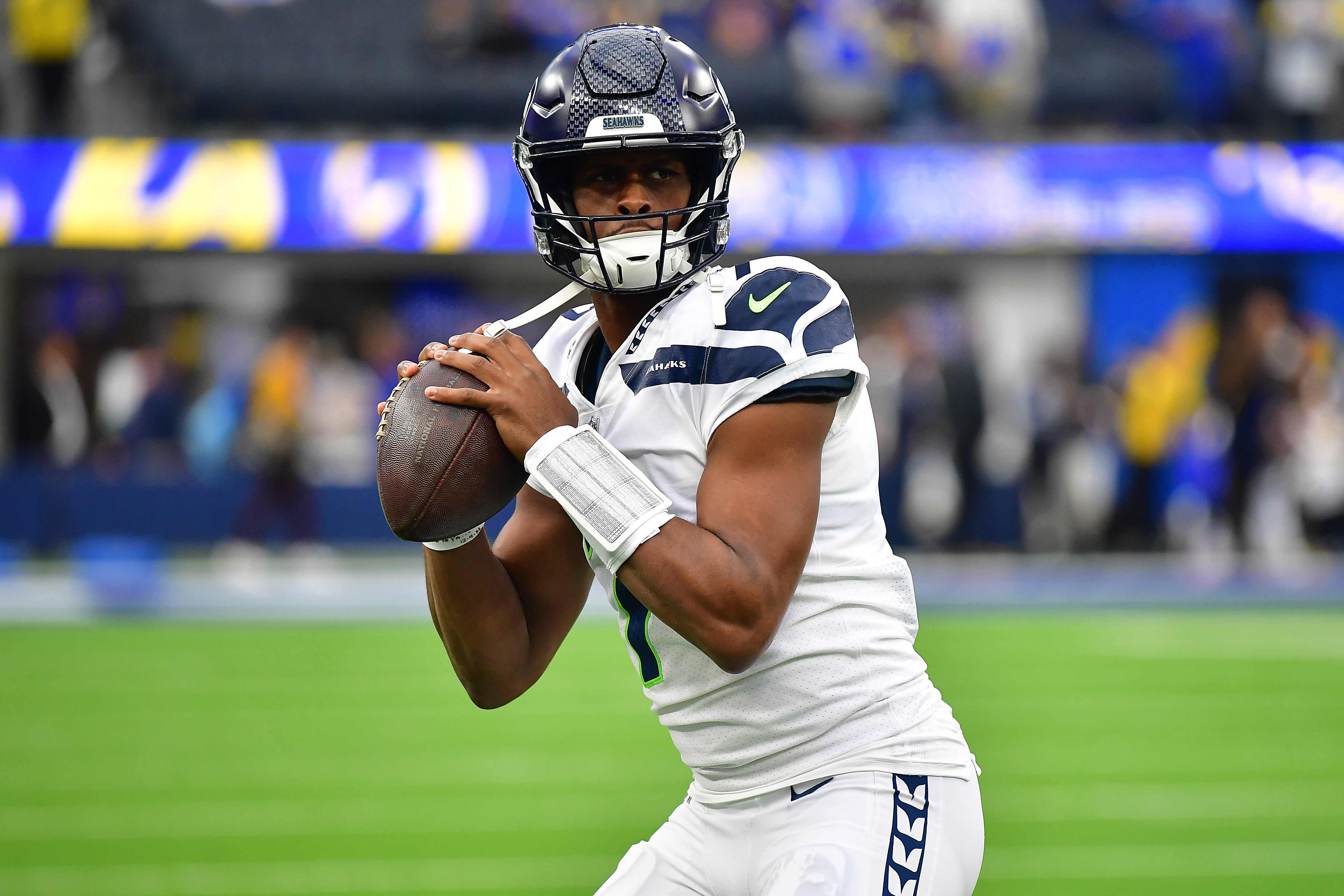 Dec 4, 2022; Inglewood, California, USA; Seattle Seahawks quarterback Geno Smith (7) before playing against the Los Angeles Rams at SoFi Stadium. Mandatory Credit: Gary A. Vasquez-USA TODAY Sports