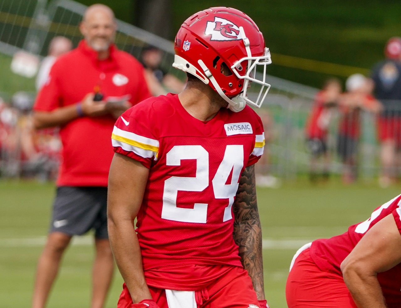 Jul 24, 2023; St. Joseph, MO, USA; Kansas City Chiefs wide receiver Skyy Moore (24) lines up during training camp at Missouri Western State University. Mandatory Credit: Denny Medley-USA TODAY Sports