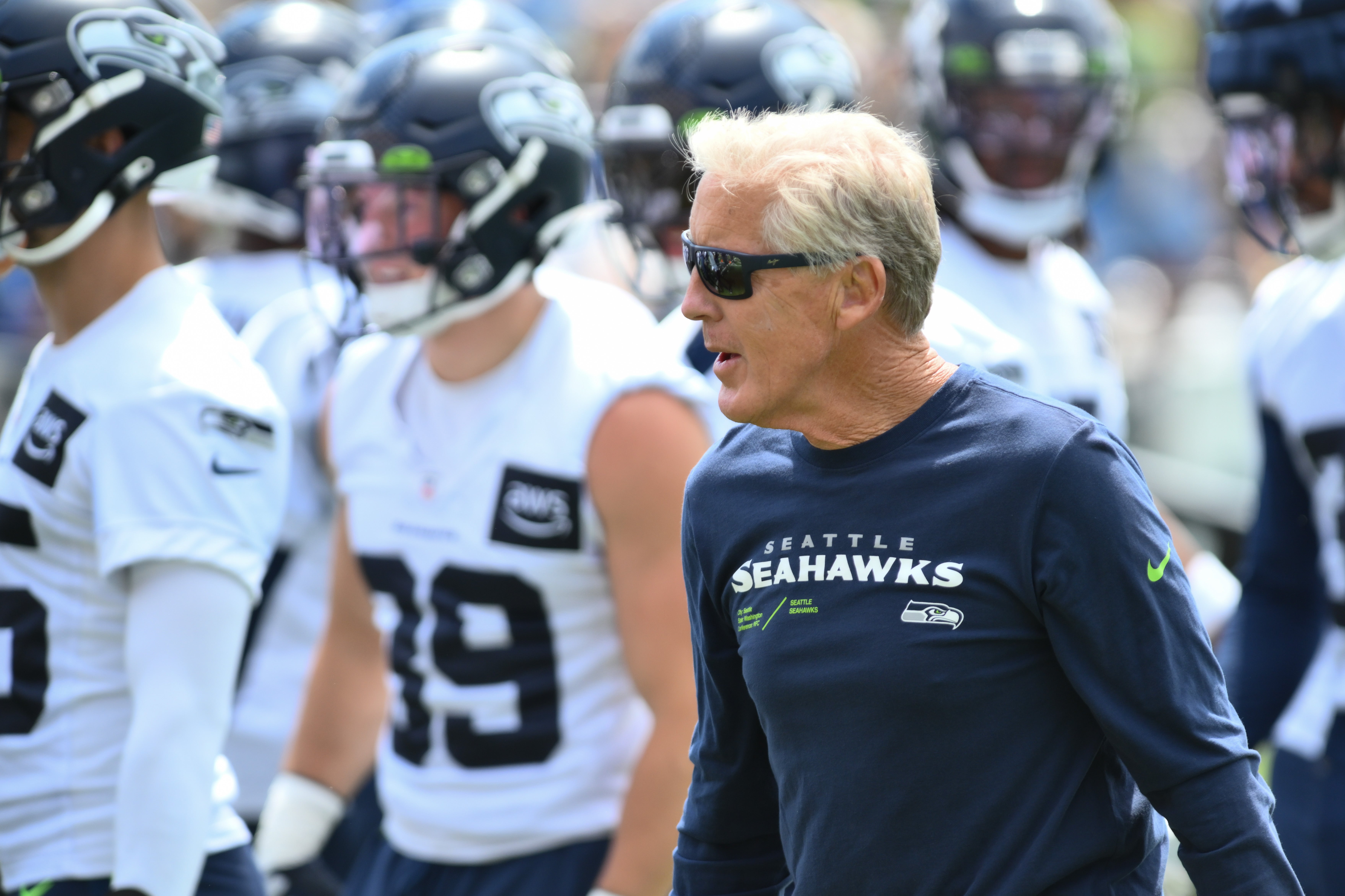 Jul 30, 2023; Renton, WA, USA; Seattle Seahawks head coach Pete Carroll during training camp at the Virginia Mason Athletic Center. Mandatory Credit: Steven Bisig-USA TODAY Sports
