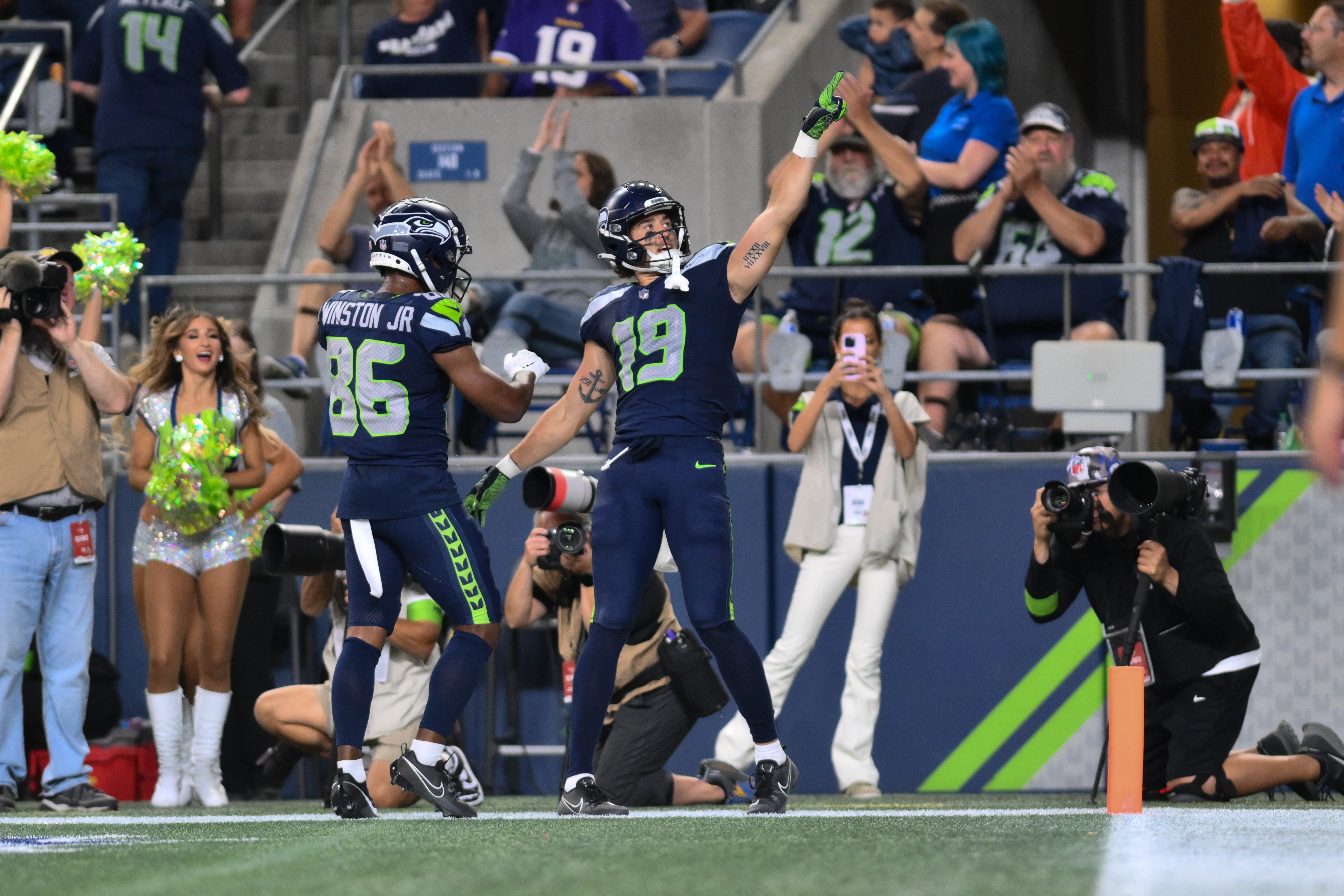 Aug 10, 2023; Seattle, Washington, USA; Seattle Seahawks wide receiver Jake Bobo (19) celebrates after scoring a touchdown against the Minnesota Vikings during the second half at Lumen Field. Mandatory Credit: Steven Bisig-USA TODAY Sports