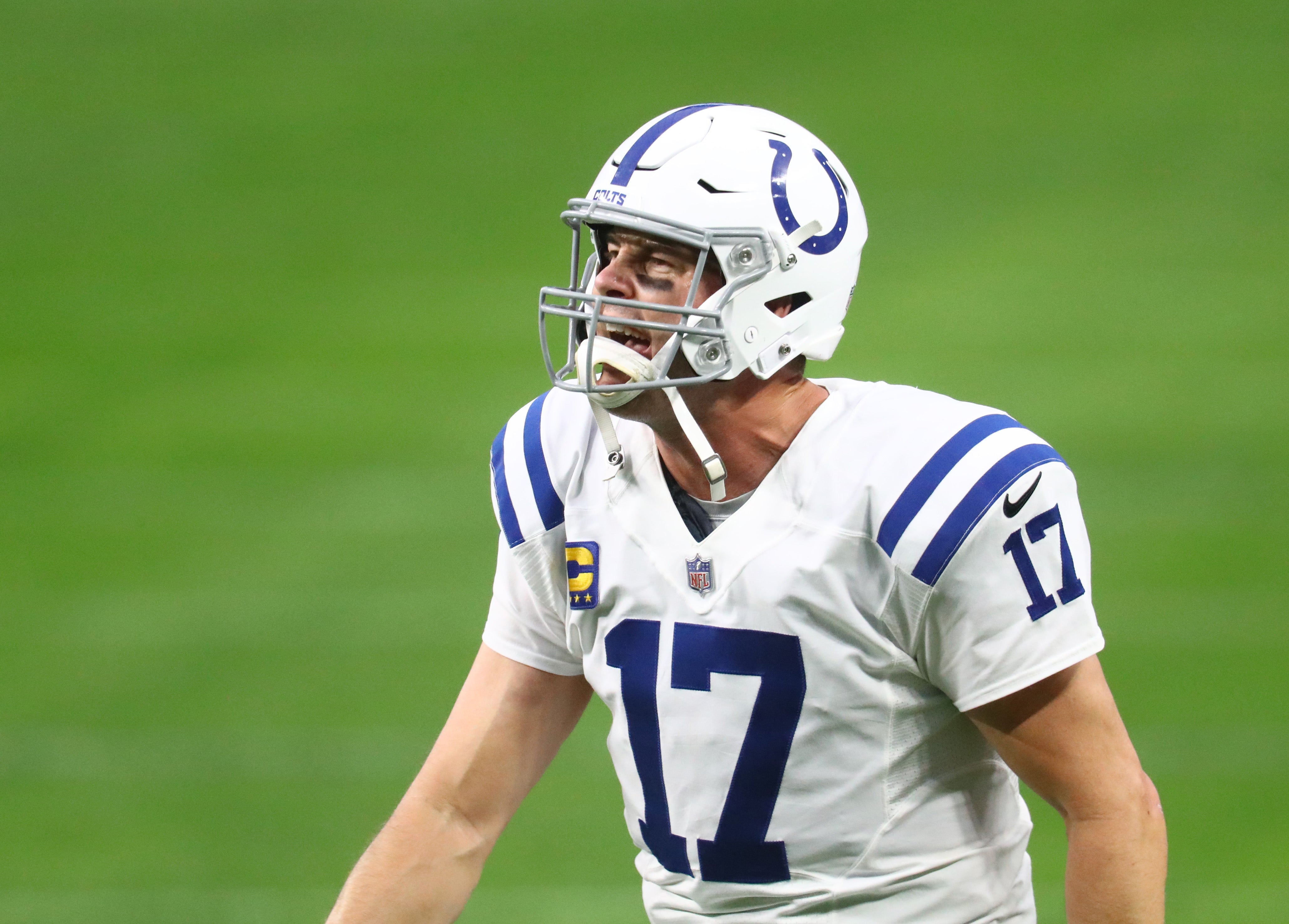 Dec 13, 2020; Paradise, Nevada, USA; Indianapolis Colts quarterback Philip Rivers (17) reacts against the Las Vegas Raiders at Allegiant Stadium. Mandatory Credit: Mark J. Rebilas-USA TODAY Sports