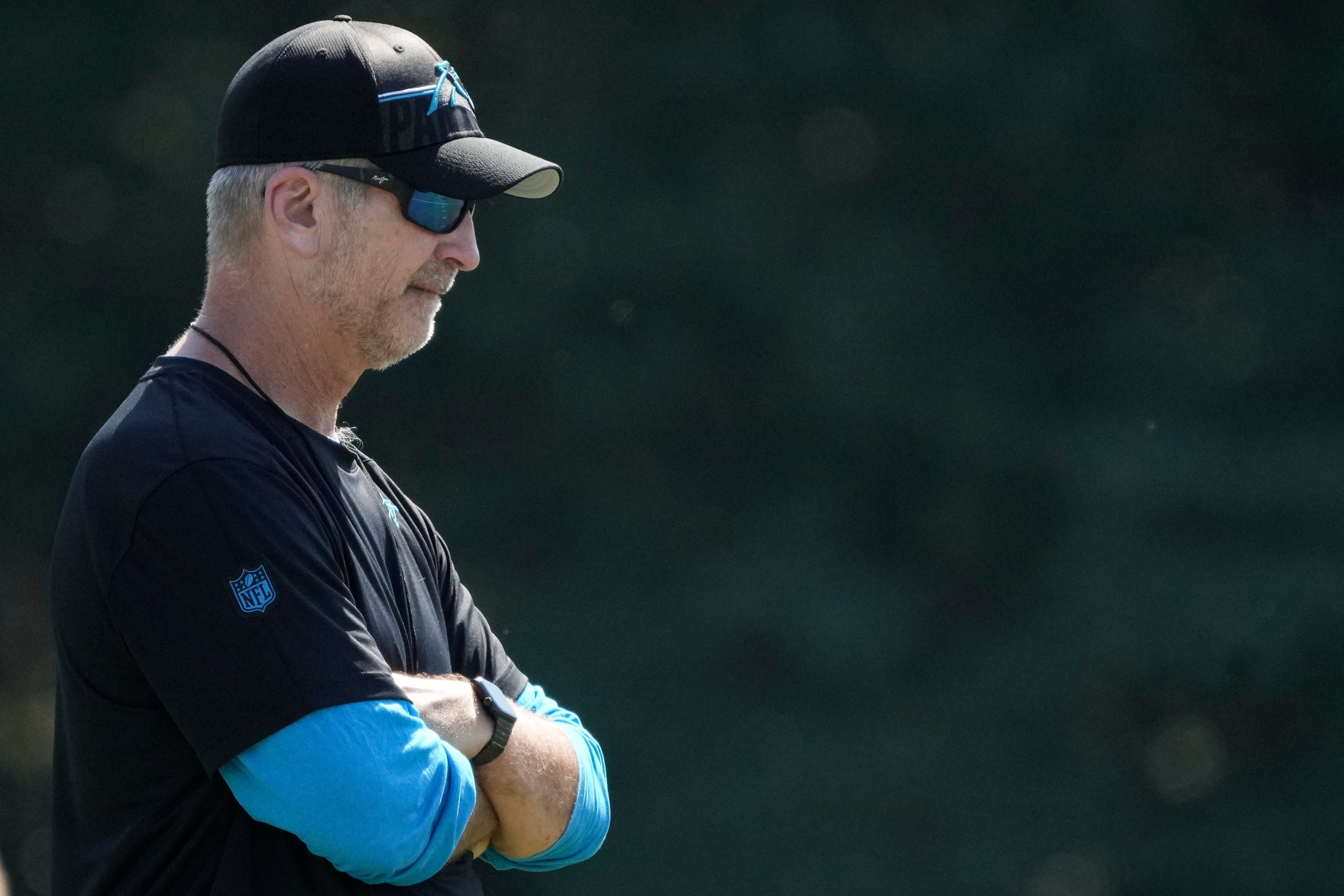 Jul 31, 2023; Spartanburg, SC, USA; Carolina Panthers head coach Frank Reich watches practice during training camp at Wofford College. Mandatory Credit: Jim Dedmon-USA TODAY Sports