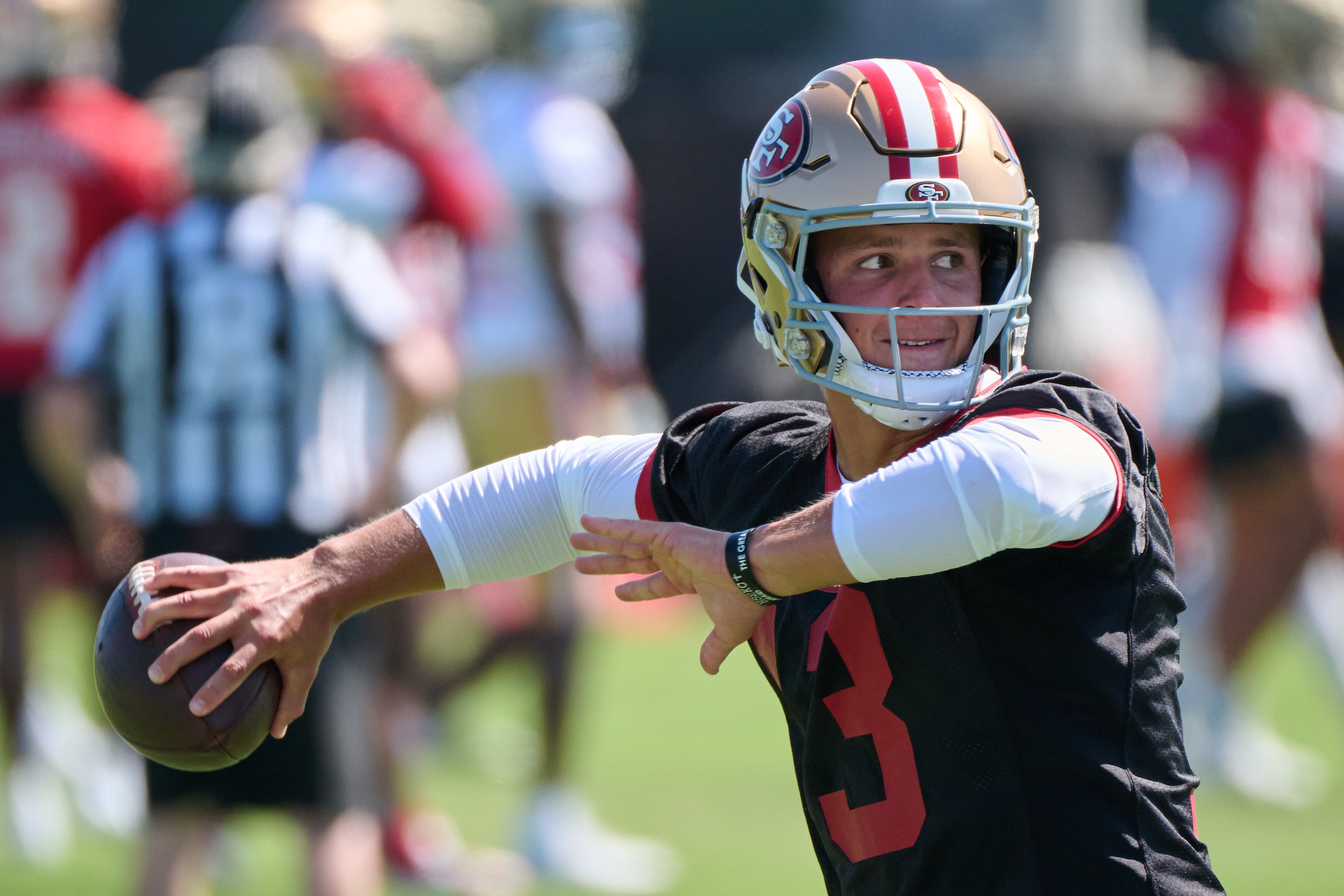Jul 27, 2023; Santa Clara, CA, USA; San Francisco 49ers quarterback Brock Purdy (13) throws a pass during training camp at the SAP Performance Facility. Mandatory Credit: Robert Edwards-USA TODAY Sports