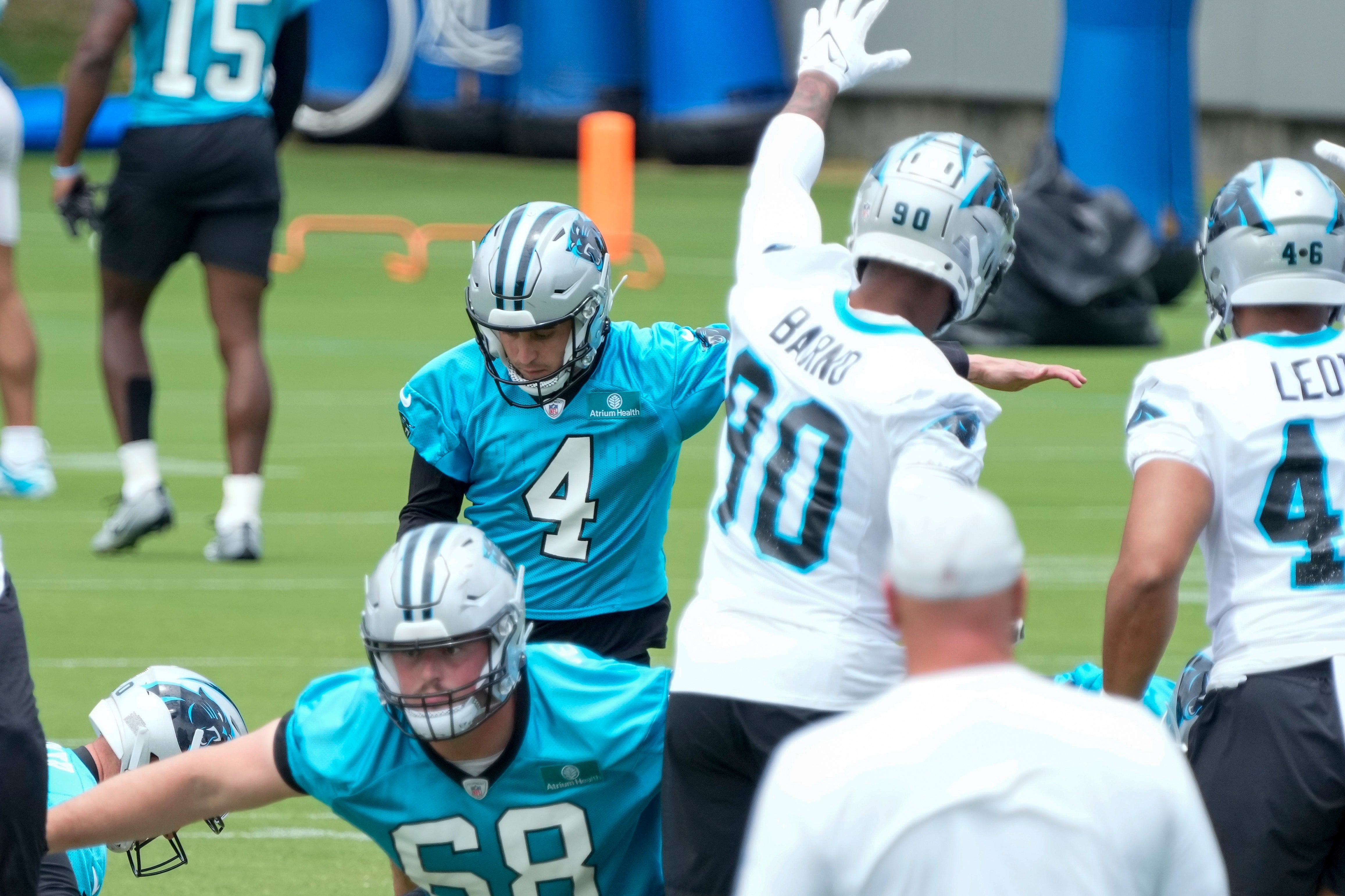 un 14, 2023; Charlotte, NC, USA; Carolina Panthers place kicker Eddy Pineiro (4) kicks during the Carolina Panthers minicamp. Mandatory Credit: Jim Dedmon-USA TODAY Sports