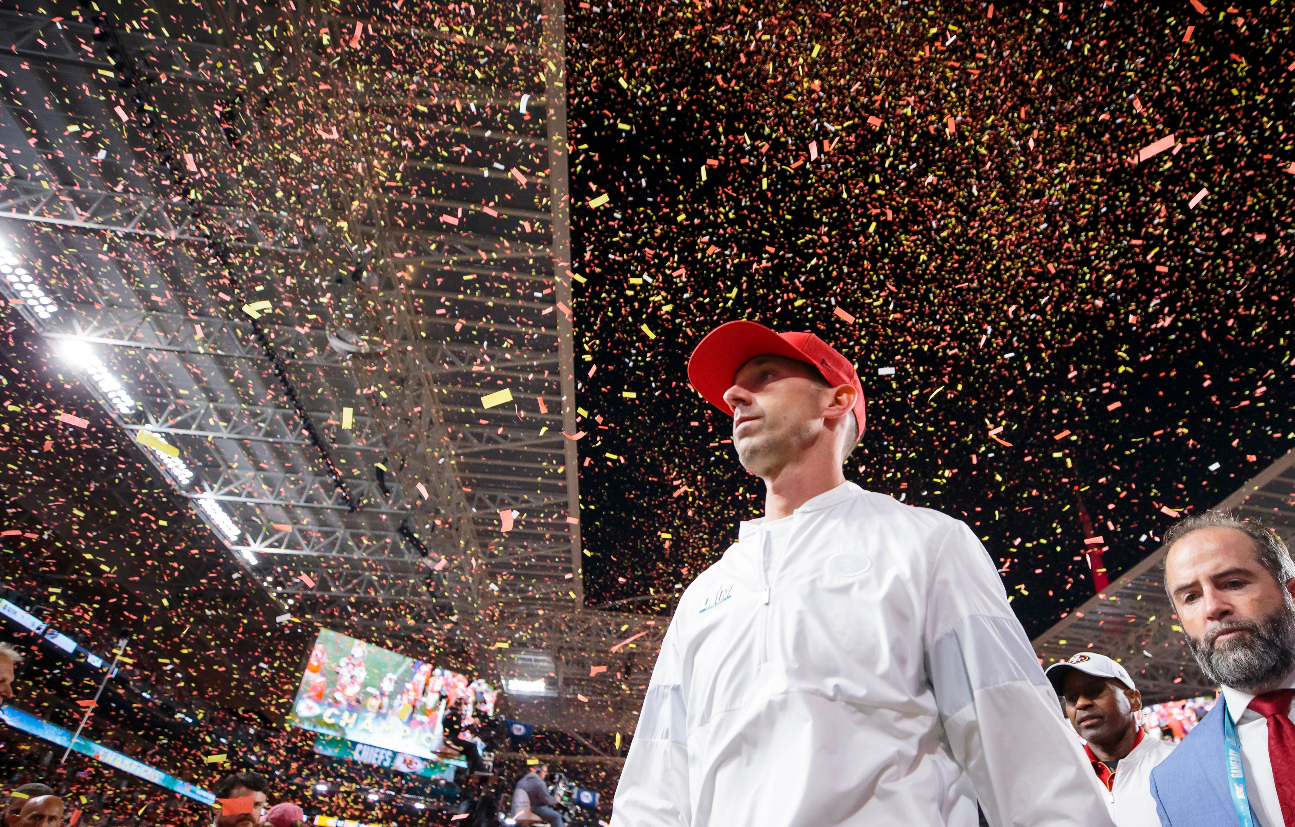 Feb 2, 2020; Miami Gardens, Florida, USA; San Francisco 49ers head coach Kyle Shanahan reacts as he leaves the field after losing Super Bowl LIV to the Kansas City Chiefs at Hard Rock Stadium. Mandatory Credit: Mark J. Rebilas-USA TODAY Sports