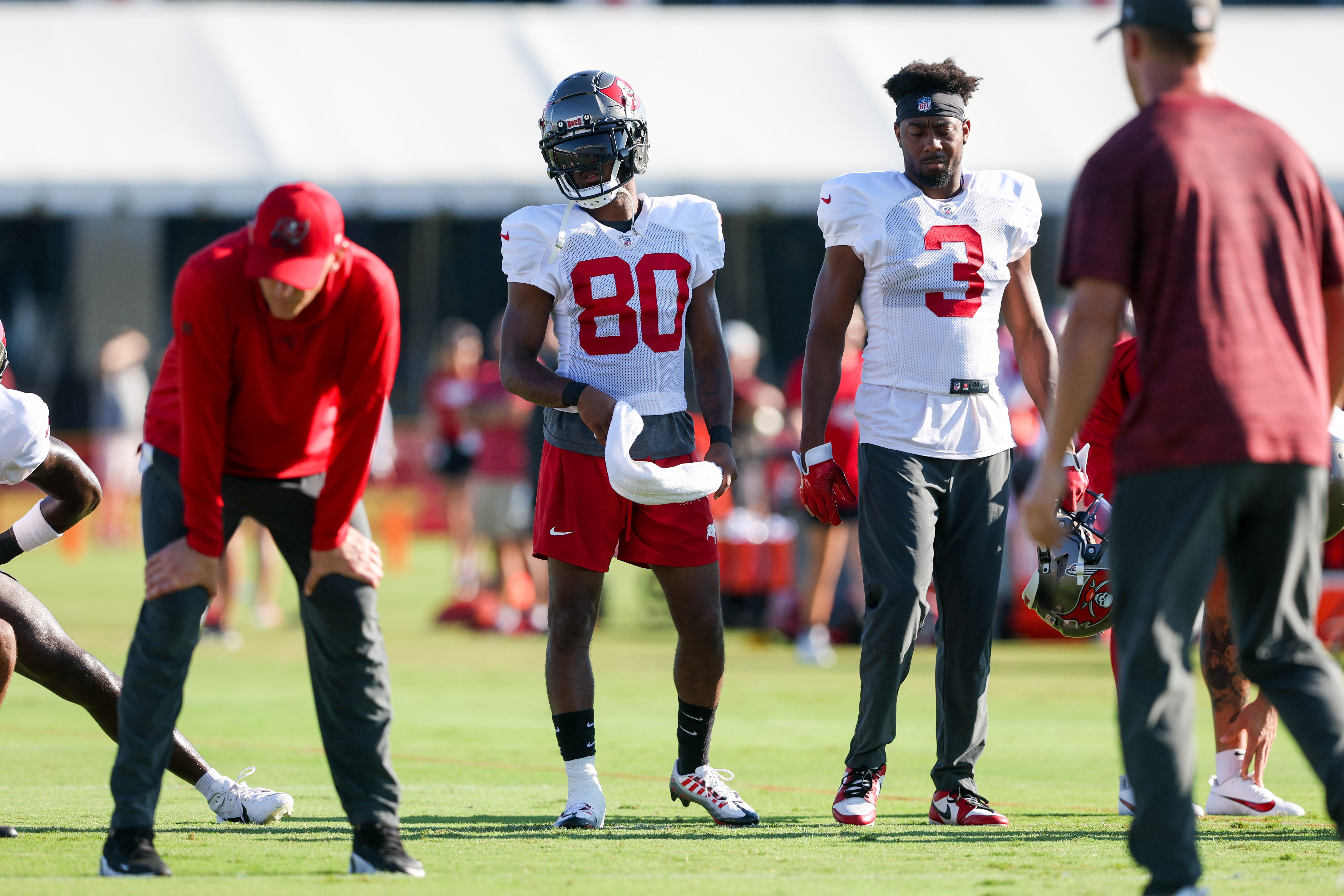 Aug 8, 2023; Tampa, FL, USA; Tampa Bay Buccaneers wide receiver Kaylon Geiger (80) and wide receiver Russell Gage (3) participate in training camp at AdventHealth Training Center. Mandatory Credit: Nathan Ray Seebeck-USA TODAY Sports