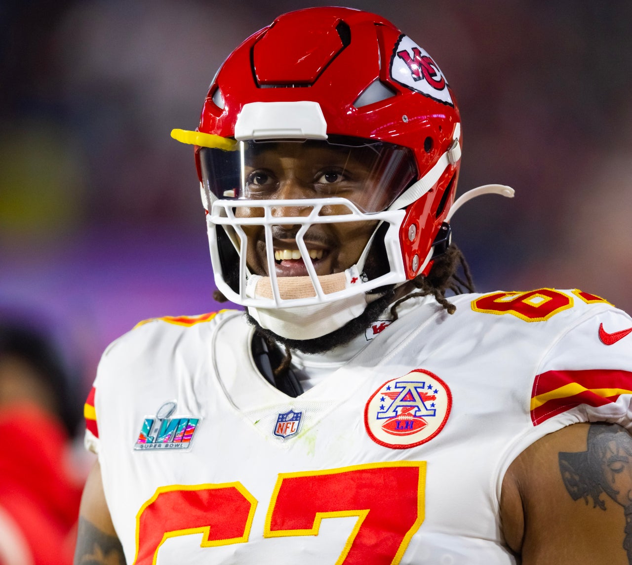 Feb 12, 2023; Glendale, Arizona, US; Kansas City Chiefs offensive tackle Lucas Niang (67) against the Philadelphia Eagles during Super Bowl LVII at State Farm Stadium. Mandatory Credit: Mark J. Rebilas-USA TODAY Sports