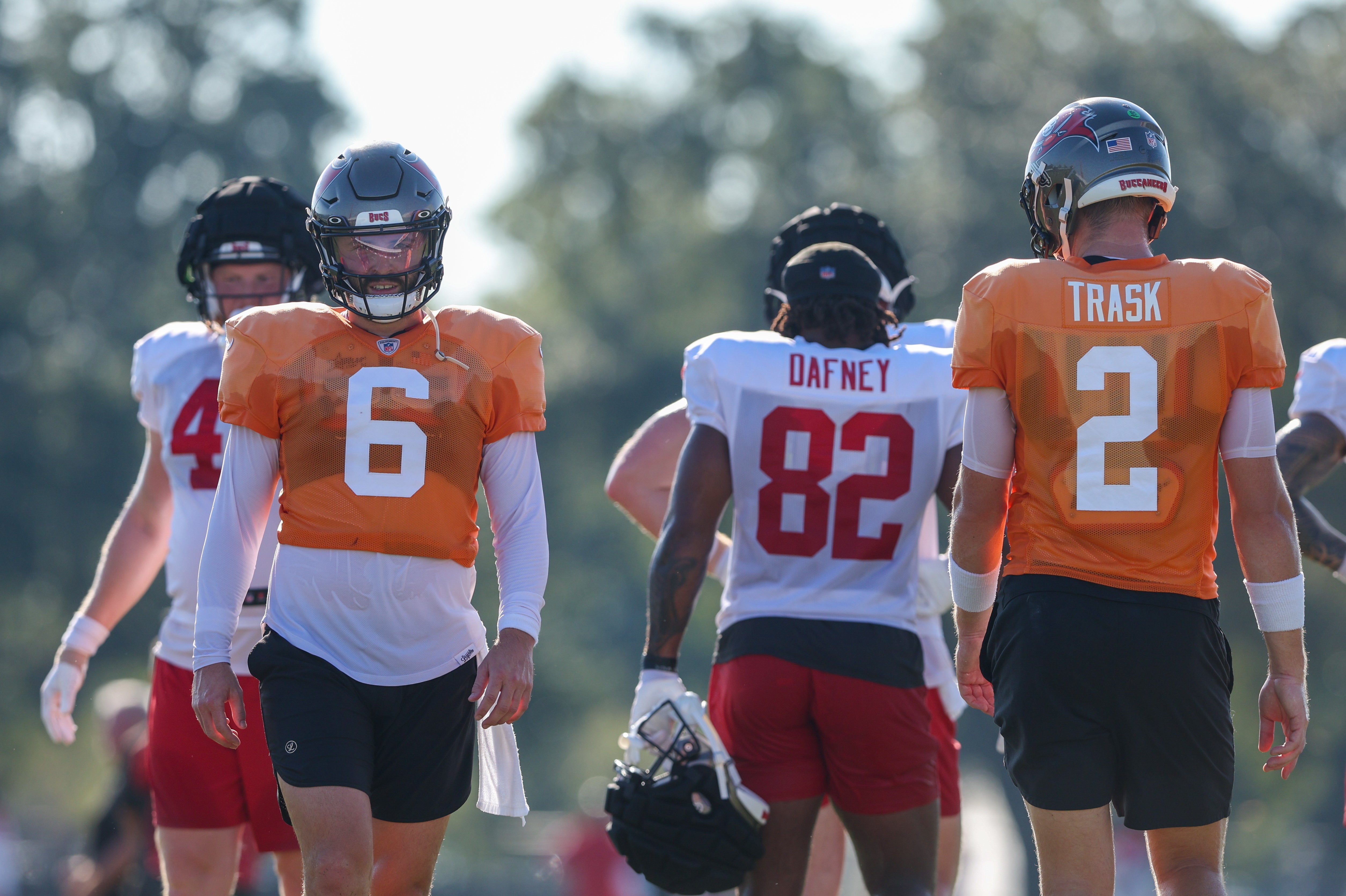 Aug 8, 2023; Tampa, FL, USA; Tampa Bay Buccaneers quarterback Baker Mayfield (6) and quarterback Kyle Trask (2) participate in training camp at AdventHealth Training Center. Mandatory Credit: Nathan Ray Seebeck-USA TODAY Sports