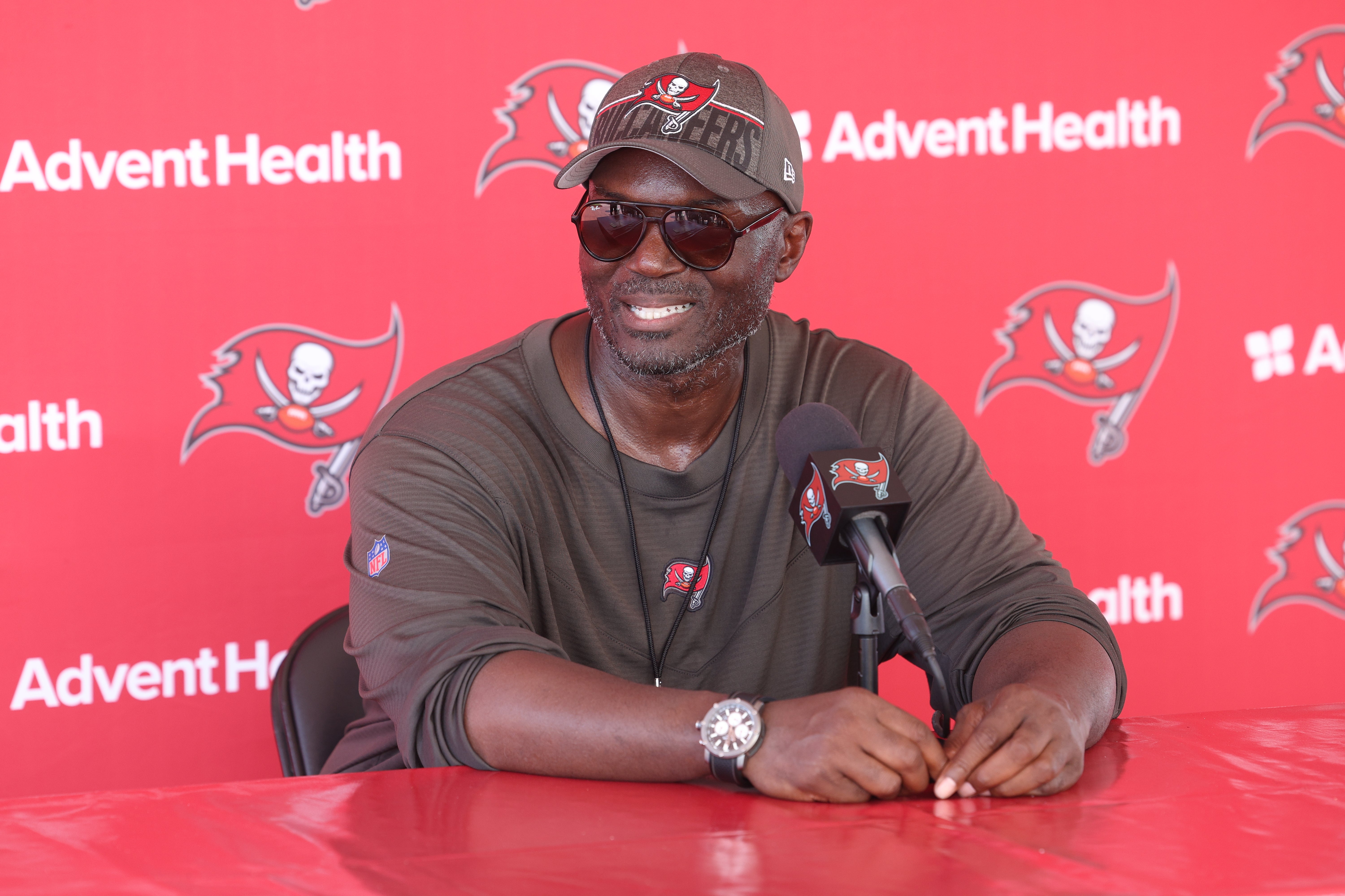 Aug 3, 2023; Tampa Bay, FL, USA; Tampa Bay Buccaneers head coach Todd Bowles gives a press conference after training camp at AdventHealth Training Center. Mandatory Credit: Nathan Ray Seebeck-USA TODAY Sports