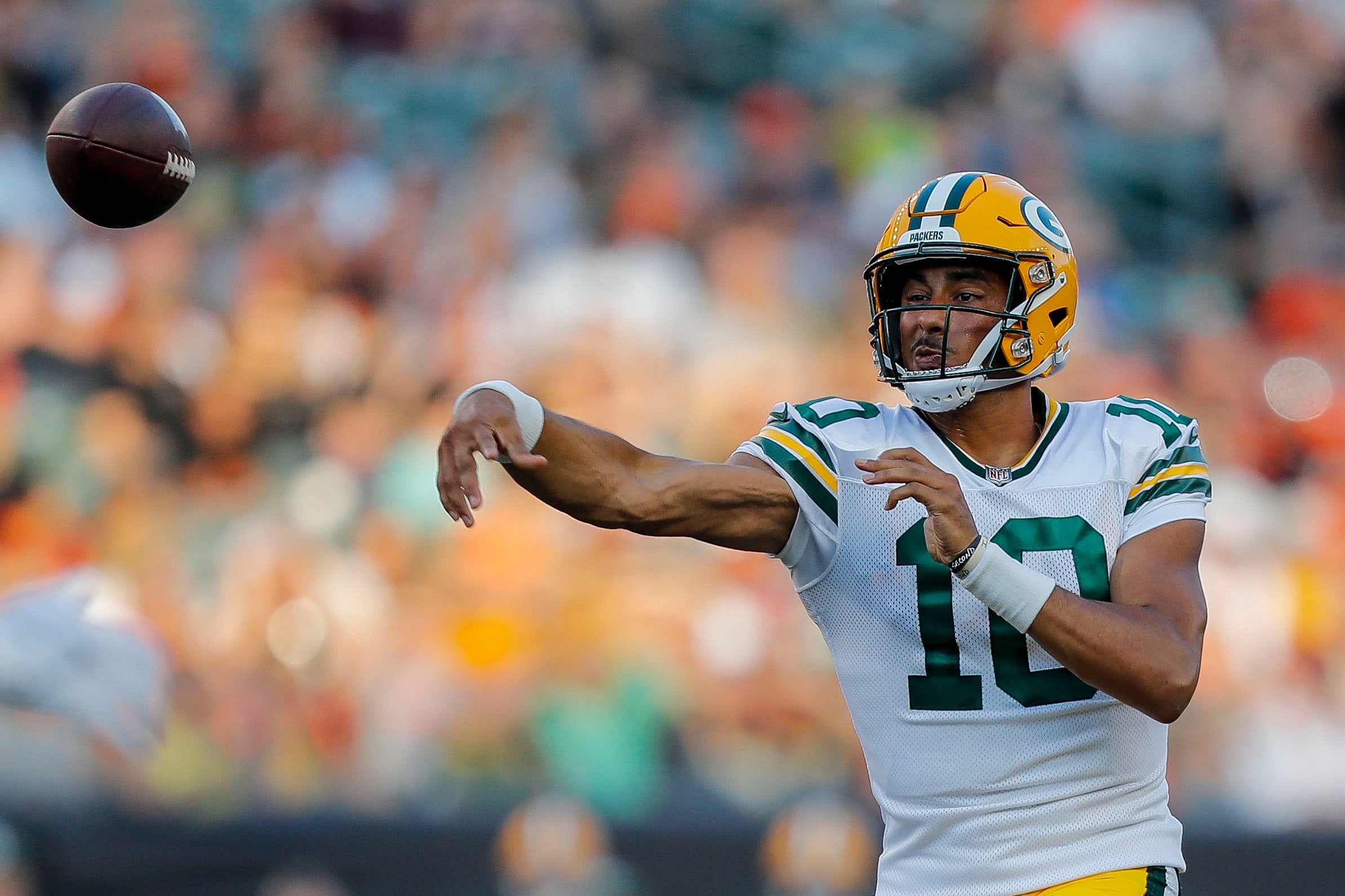 Aug 11, 2023; Cincinnati, Ohio, USA; Green Bay Packers quarterback Jordan Love (10) throws a pass against the Cincinnati Bengals in the first half at Paycor Stadium. Mandatory Credit: Katie Stratman-USA TODAY Sports