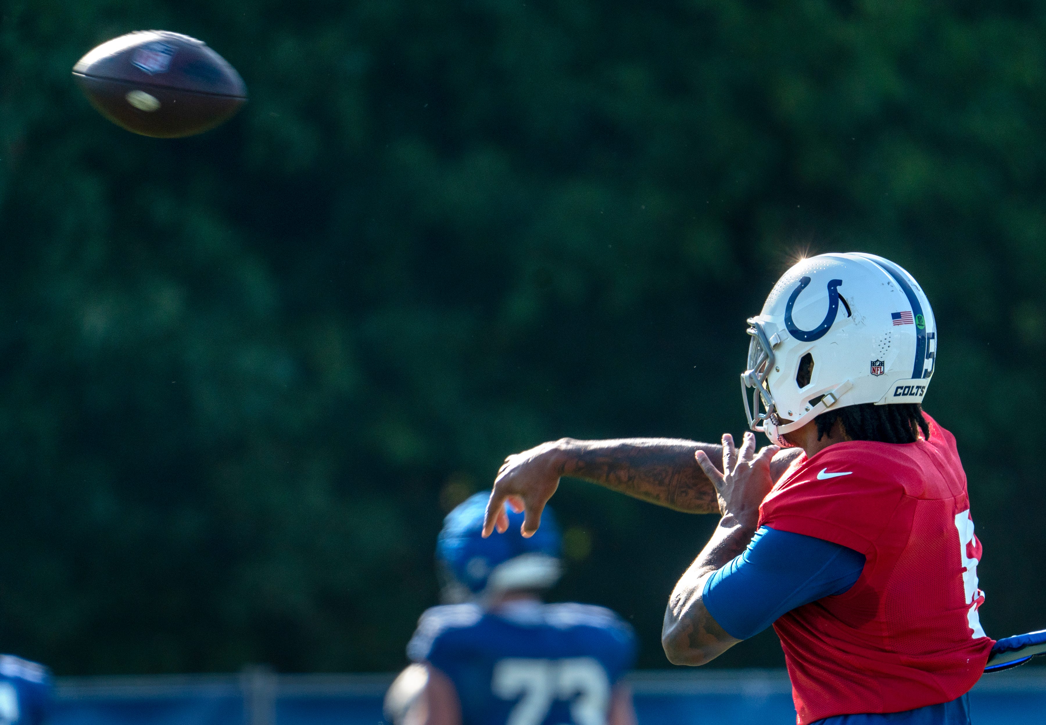 Indianapolis Colts quarterback Anthony Richardson (5) throws a pass during day #9 practice of Colts Camp, Tuesday, Aug. 8, 2023 at Grand Park in Westfield.