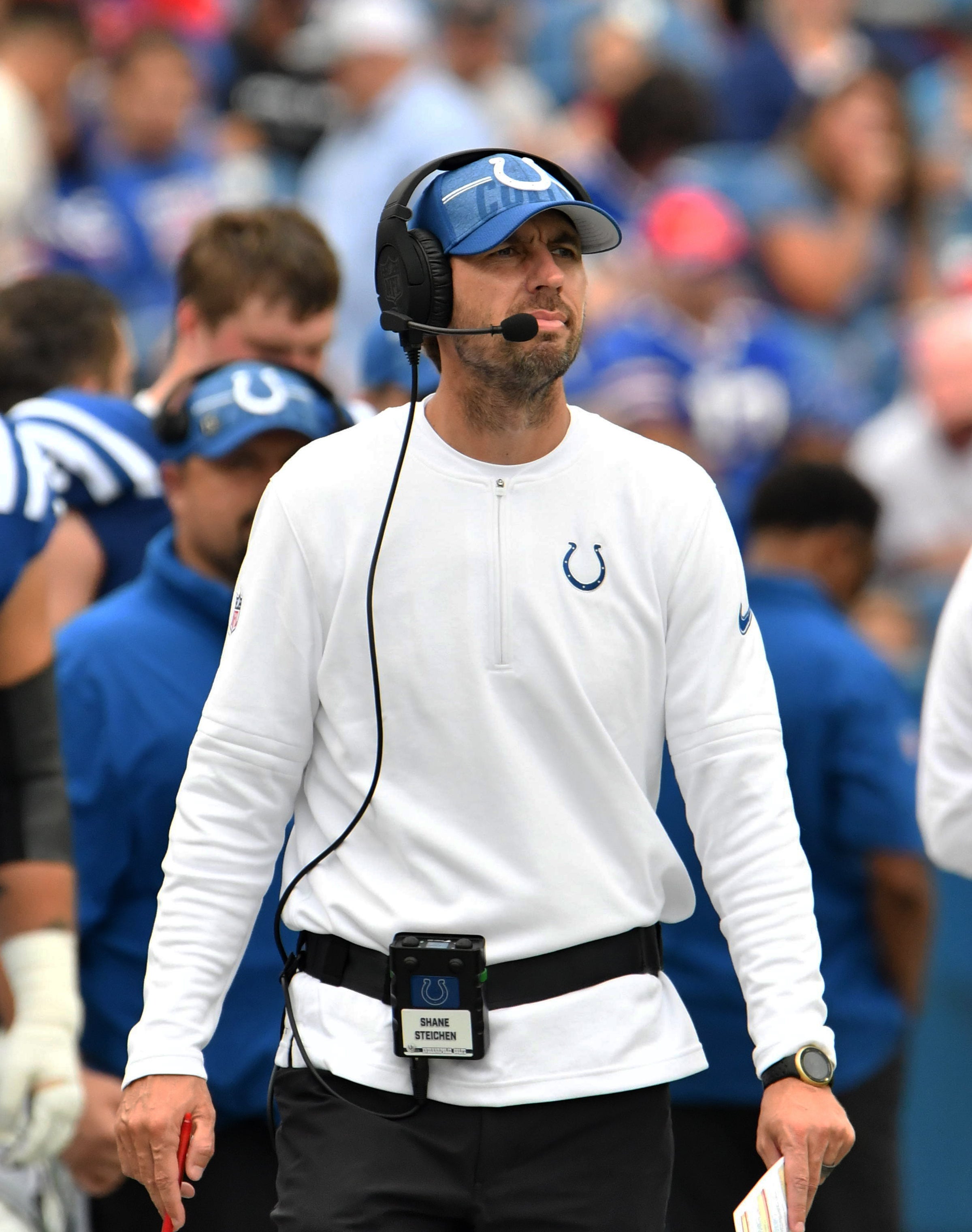 Aug 12, 2023; Orchard Park, New York, USA; Indianapolis Colts head coach Shane Steichen walks the sidelines in the second quarter of a pre-season game against the Buffalo Bills at Highmark Stadium.