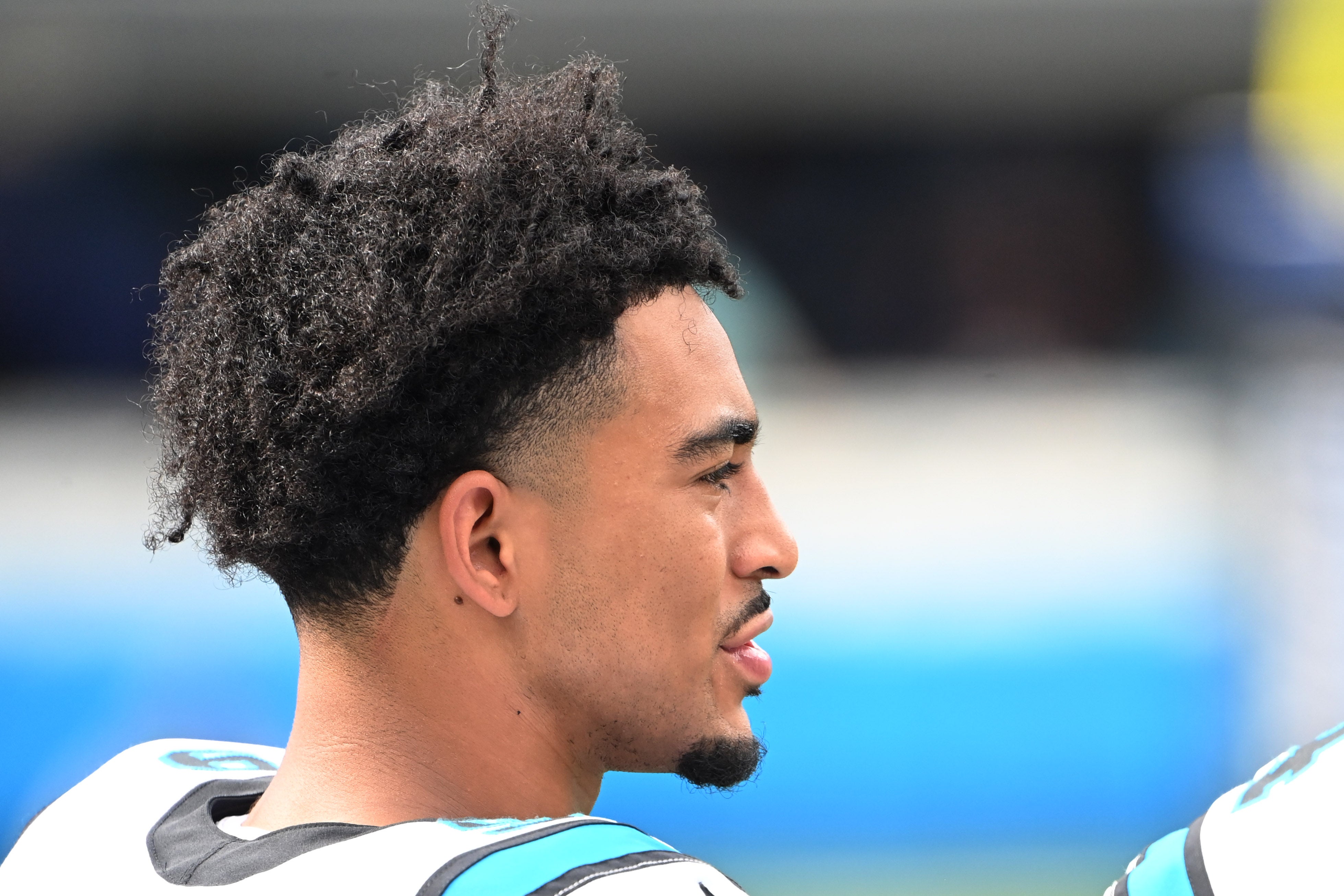 Aug 12, 2023; Charlotte, North Carolina, USA; Carolina Panthers quarterback Bryce Young (9) on the sidelines in the second quarter at Bank of America Stadium. Mandatory Credit: Bob Donnan-USA TODAY Sports