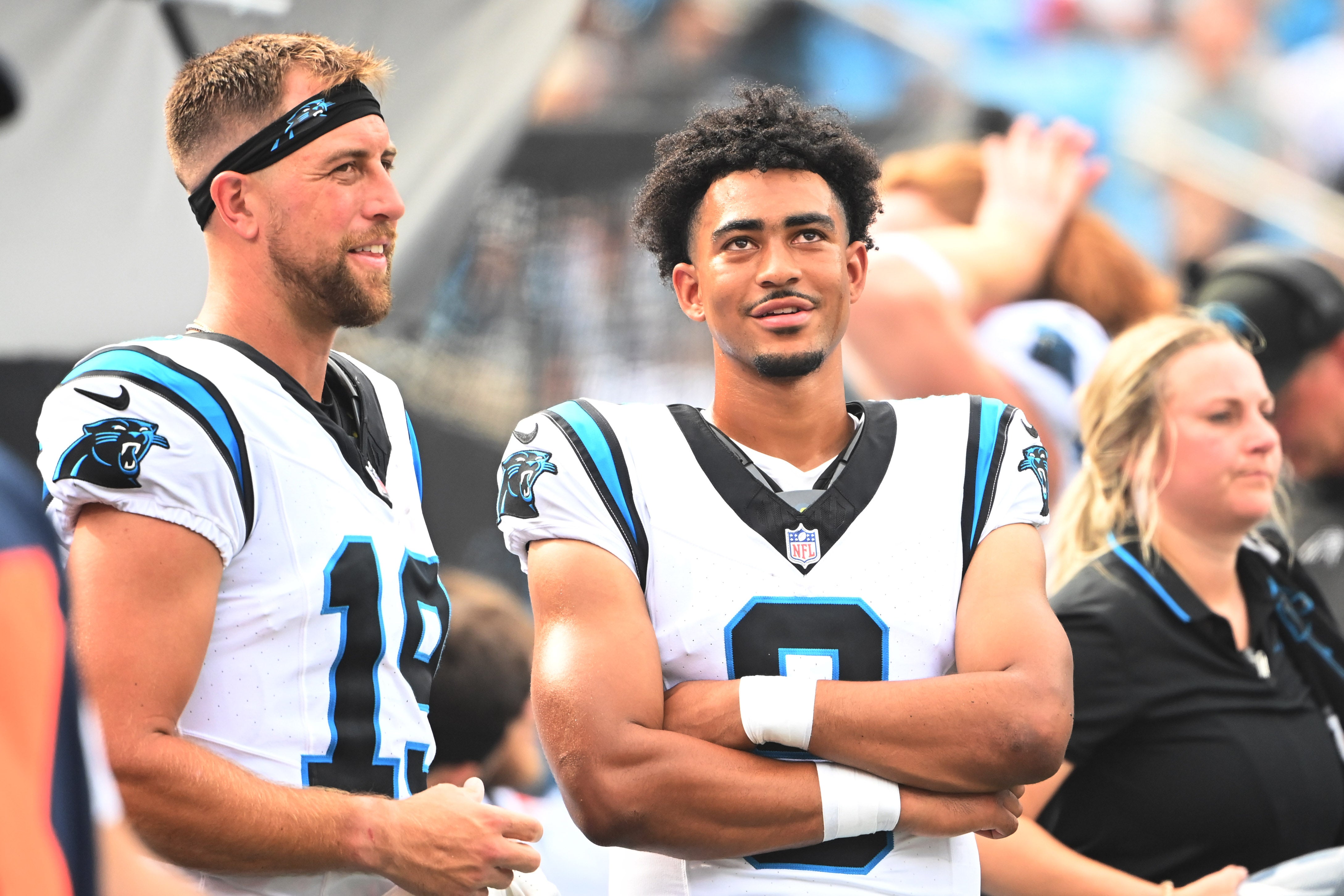 Aug 12, 2023; Charlotte, North Carolina, USA; Carolina Panthers wide receiver Adam Thielen (19) talks with quarterback Bryce Young (9) in the second quarter at Bank of America Stadium. Mandatory Credit: Bob Donnan-USA TODAY Sports