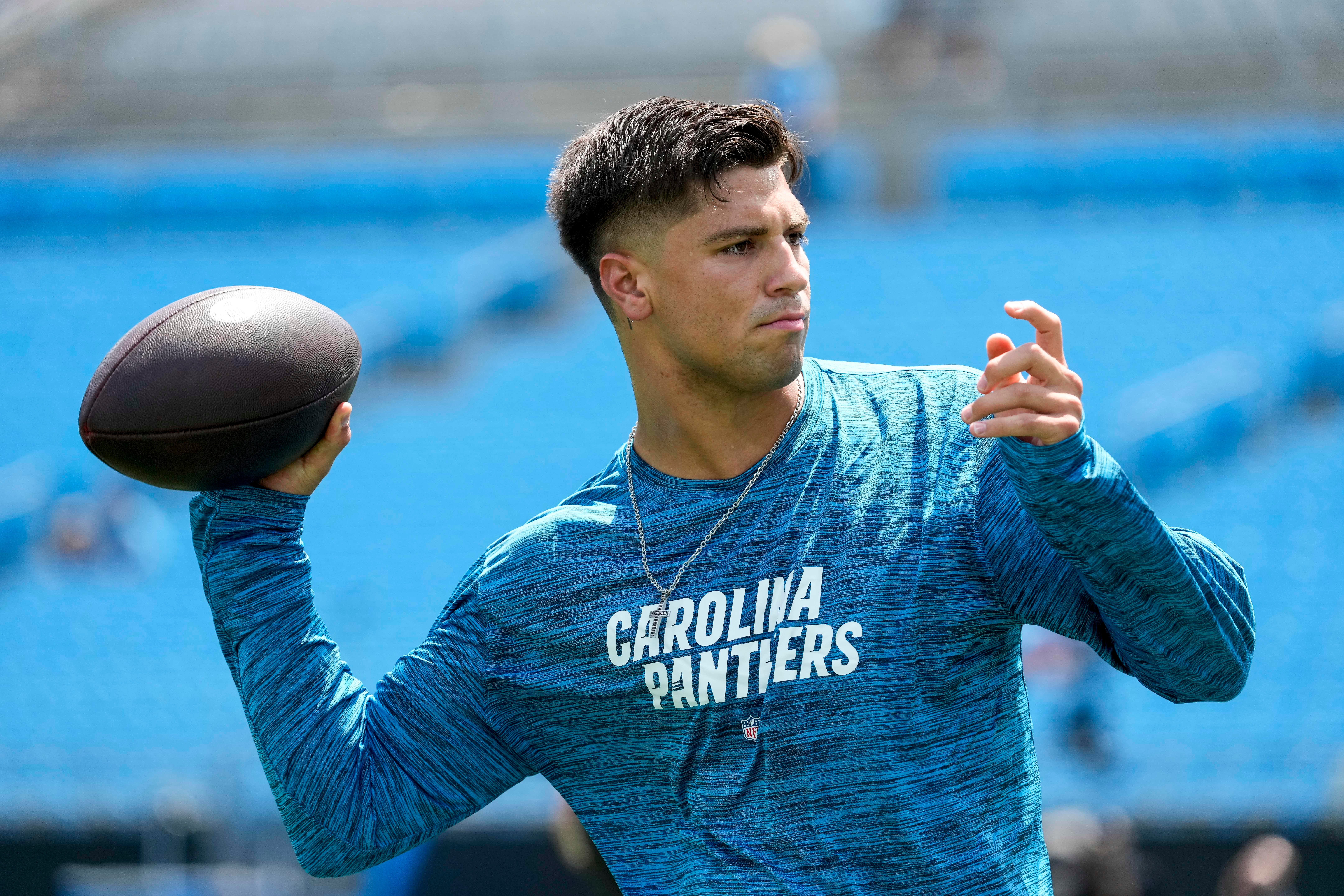 Aug 12, 2023; Charlotte, North Carolina, USA; Carolina Panthers quarterback Matt Corral (2) throws during pre game warm ups against the New York Jets at Bank of America Stadium. Mandatory Credit: Jim Dedmon-USA TODAY Sports