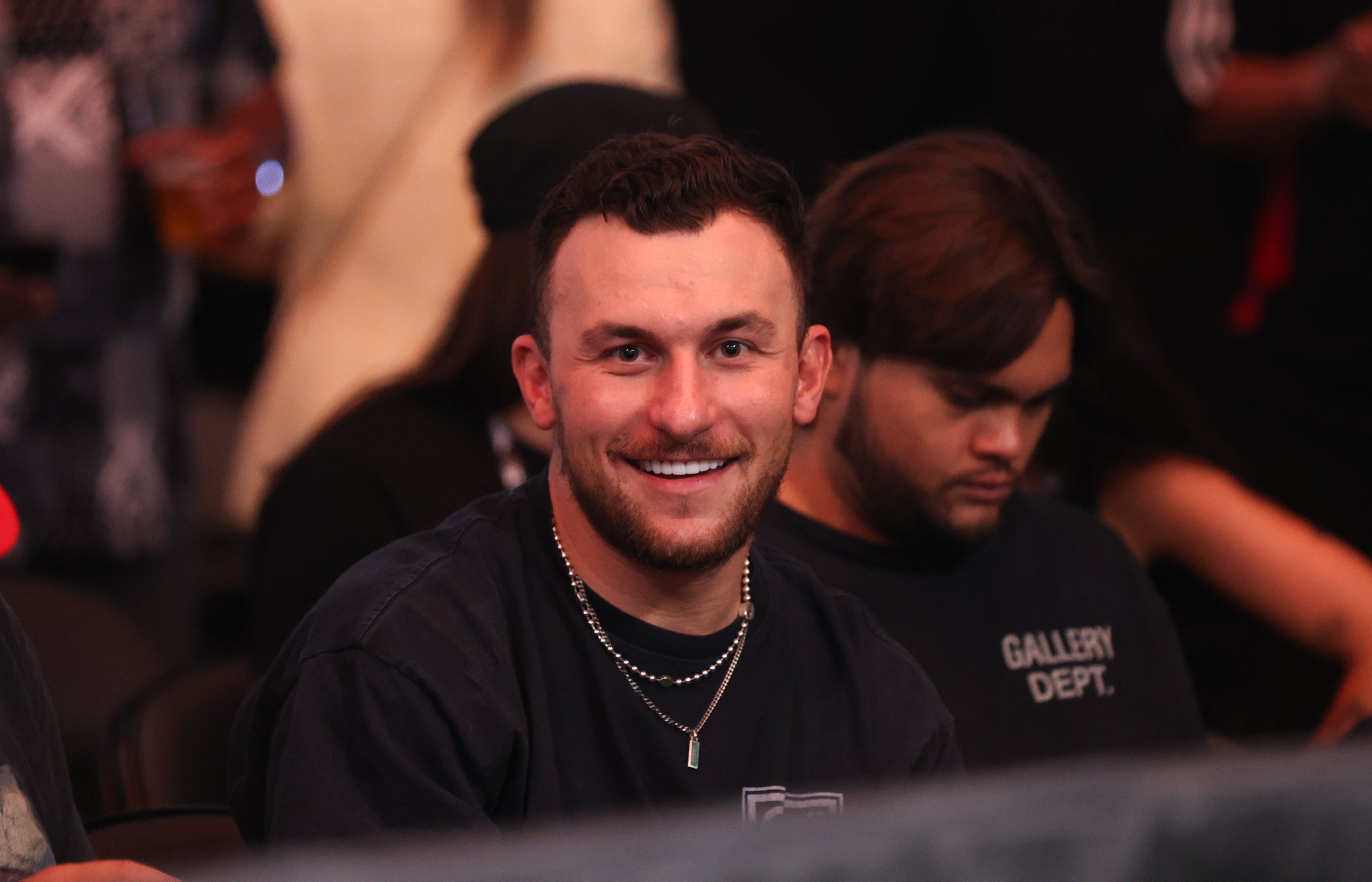 Aug 5, 2023; Dallas, Texas, USA; Former football player Johnny Manziel in the crowd for the Jake Paul and Nate Diaz boxing match at American Airlines Center. Mandatory Credit: Kevin Jairaj-USA TODAY Sports