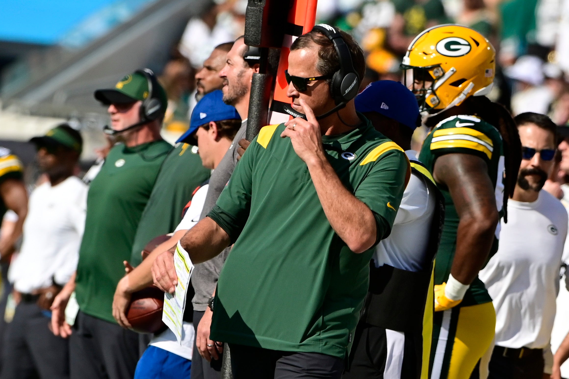 Sep 12, 2021; Jacksonville, Florida, USA; Green Bay Packers defensive coordinator Joe Barry walks down the sidelines during the first half against the New Orleans Saints at TIAA Bank Field.  Tommy Gilligan-USA TODAY Sports