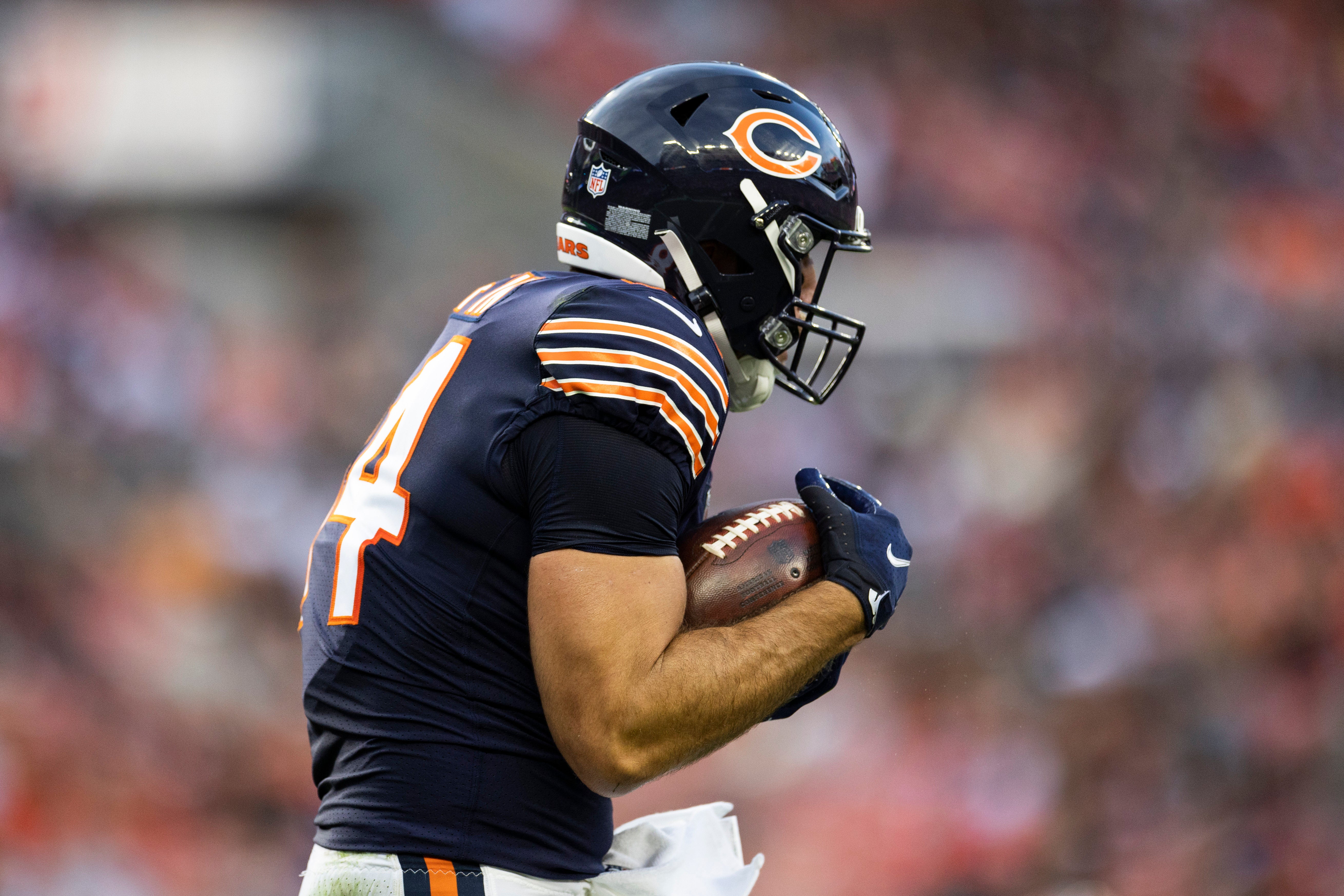 Aug 27, 2022; Cleveland, Ohio, USA; Chicago Bears tight end Ryan Griffin (84) makes a touchdown reception in the end zone against the Cleveland Browns during the first quarter at FirstEnergy Stadium. Scott Galvin-USA TODAY Sport