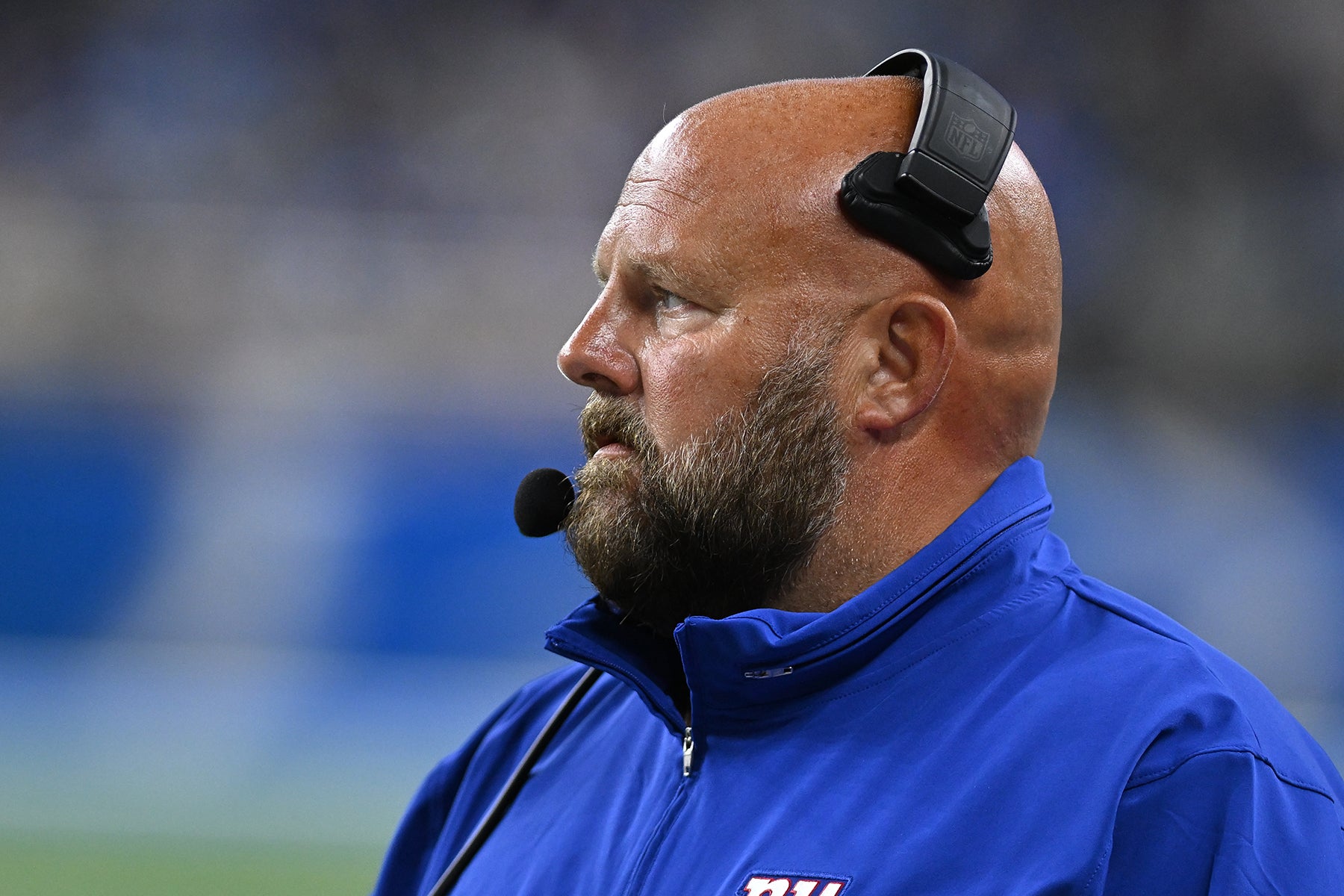 Aug 11, 2023; Detroit, Michigan, USA; New York Giants head coach Brian Daboll watches their game against the Detroit Lions from the sideline in the fourth quarter at Ford Field. Mandatory Credit: Lon Horwedel-USA TODAY Sports