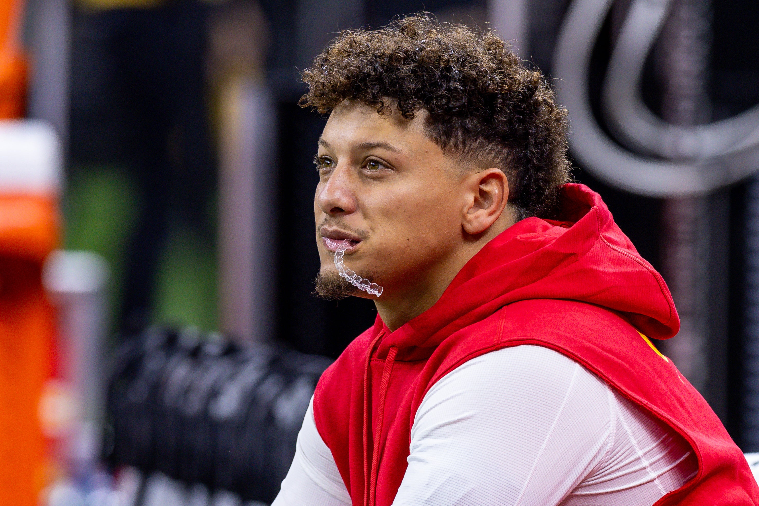 Aug 13, 2023; New Orleans, Louisiana, USA; Kansas City Chiefs quarterback Patrick Mahomes (15) looks on before the game against the New Orleans Saints at the Caesars Superdome. Mandatory Credit: Stephen Lew-USA TODAY Sports