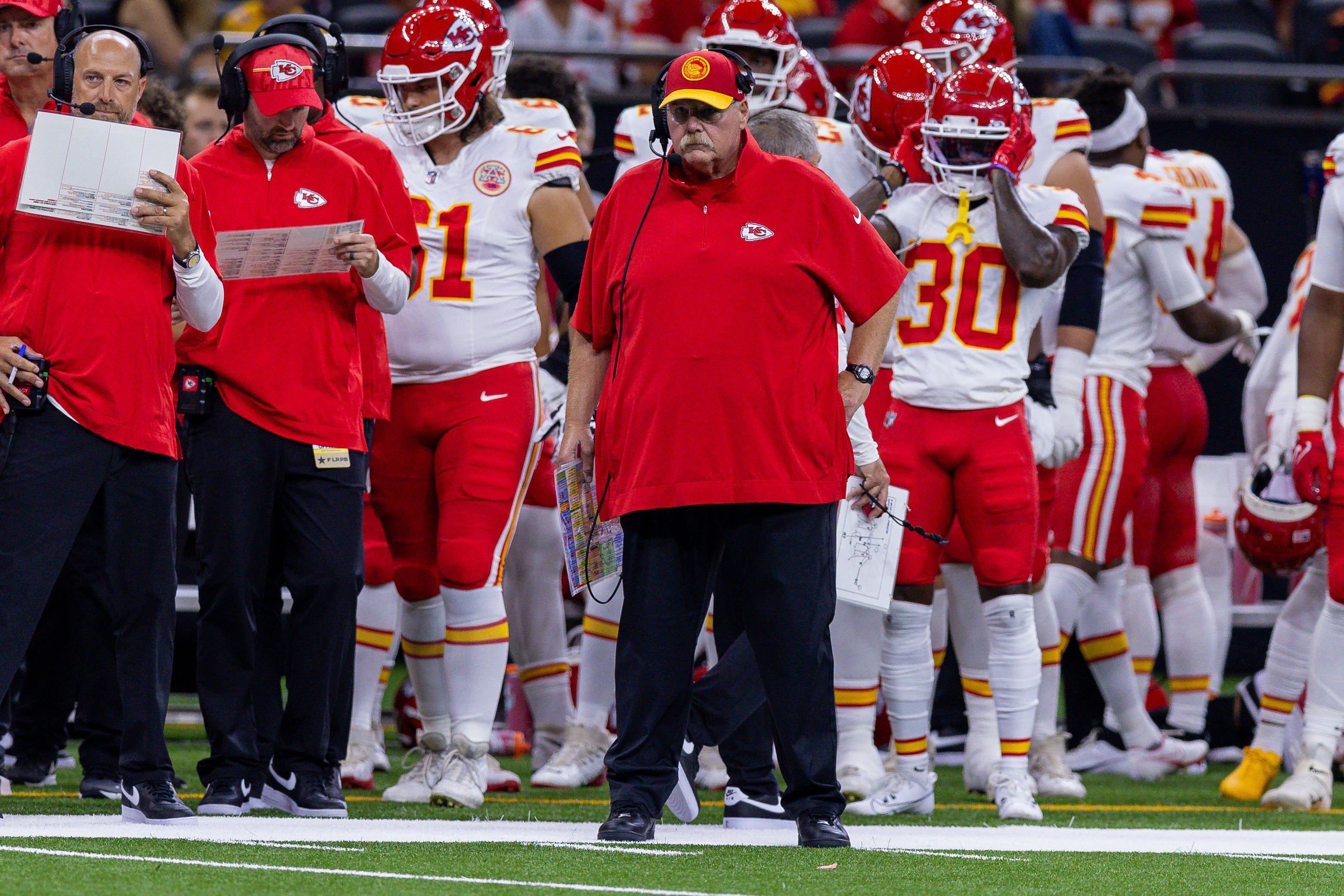 Aug 13, 2023; New Orleans, Louisiana, USA; Kansas City Chiefs head coach Andy Reid looks on against the New Orleans Saints during the first half at the Caesars Superdome. Mandatory Credit: Stephen Lew-USA TODAY Sports