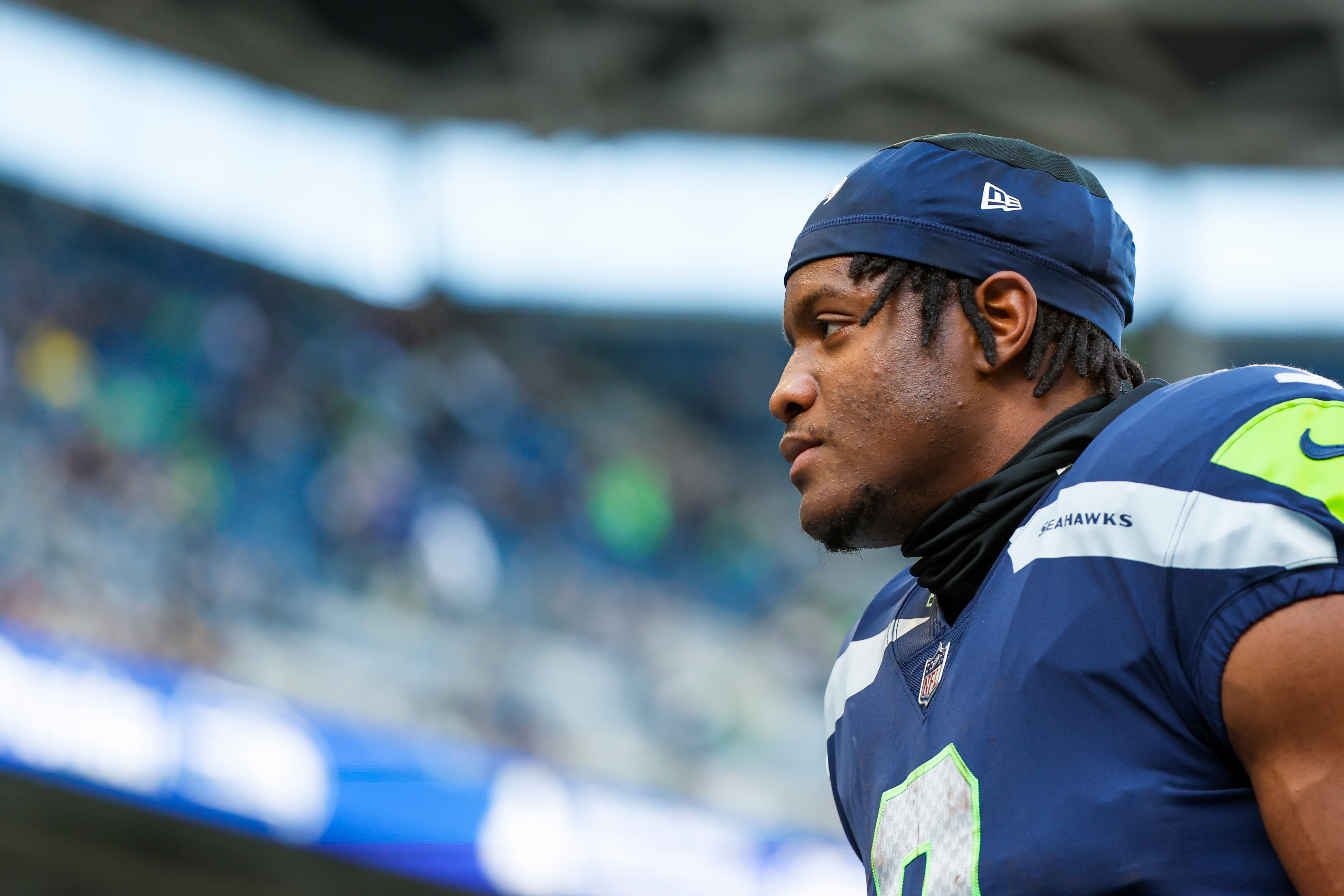 Nov 27, 2022; Seattle, Washington, USA; Seattle Seahawks running back Kenneth Walker III (9) returns to the locker room following pregame warmups against the Las Vegas Raiders at Lumen Field. Mandatory Credit: Joe Nicholson-USA TODAY Sports