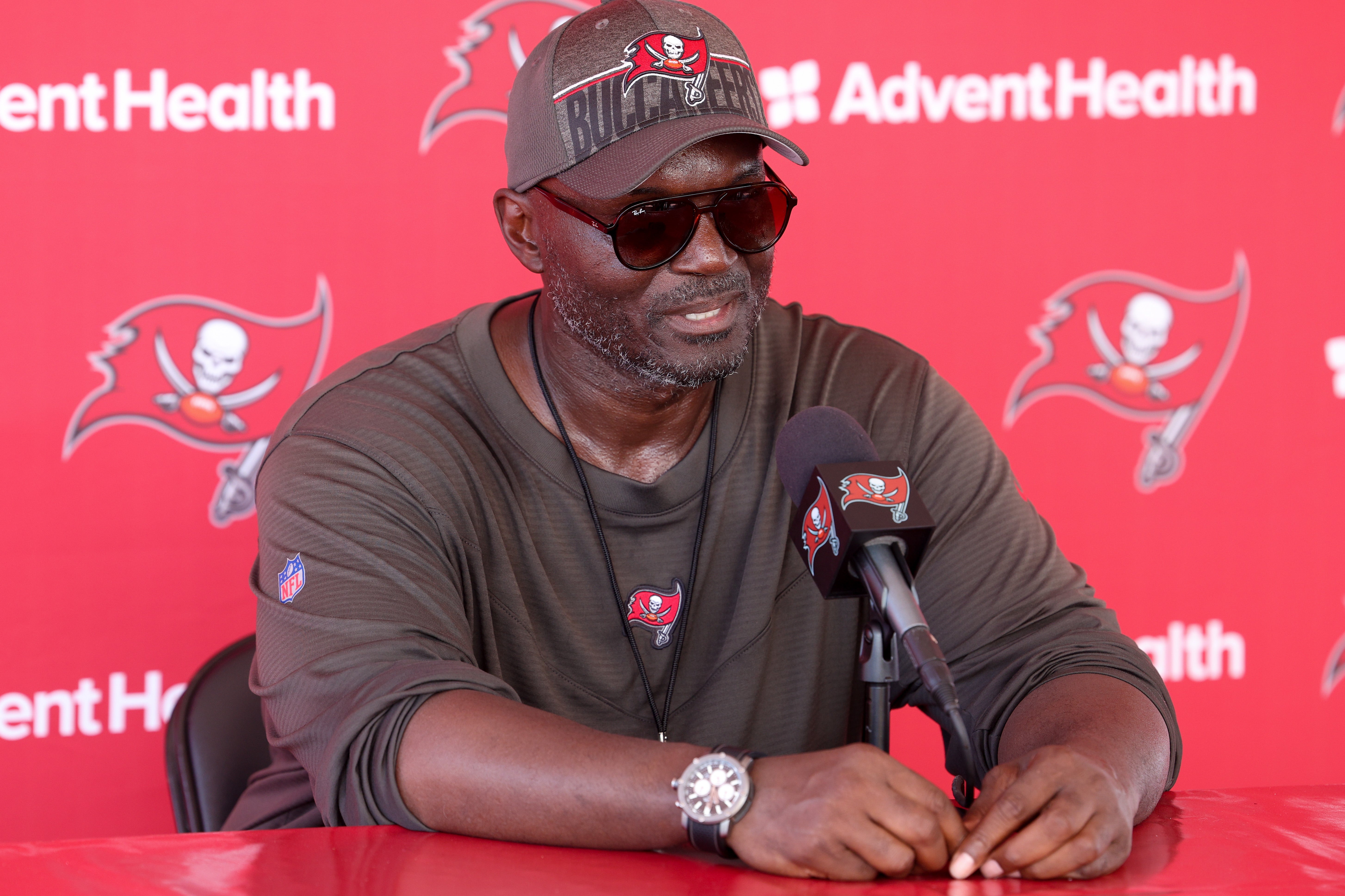 Aug 3, 2023; Tampa Bay, FL, USA; Tampa Bay Buccaneers head coach Todd Bowles gives a press conference after training camp at AdventHealth Training Center. Mandatory Credit: Nathan Ray Seebeck-USA TODAY Sports
