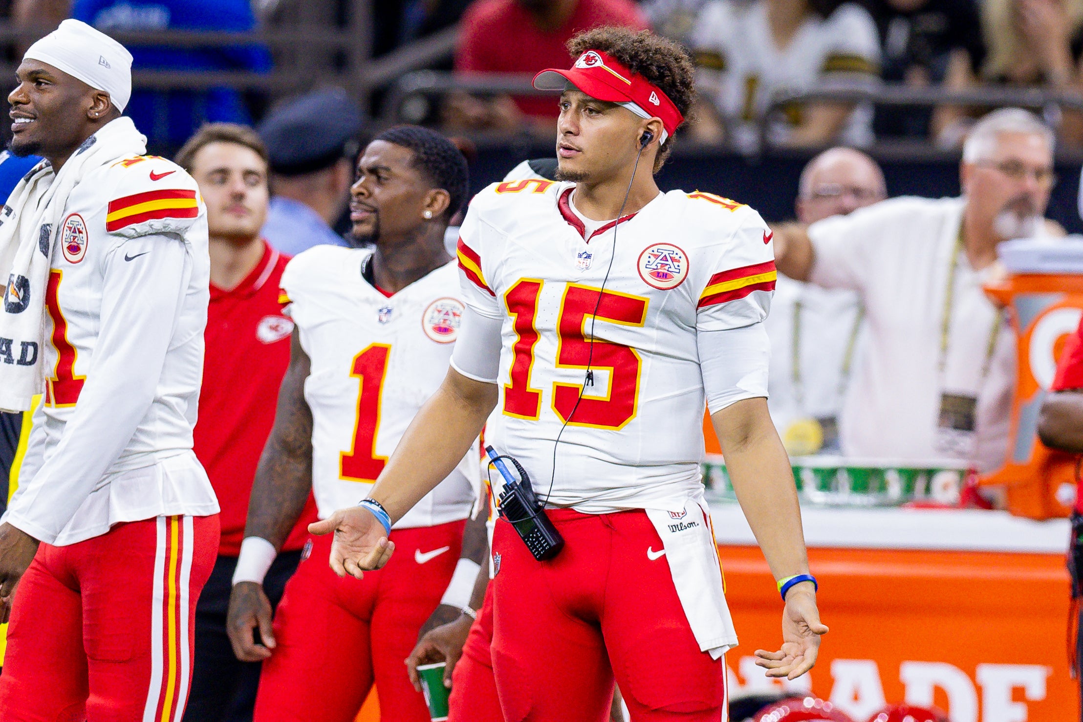 Aug 13, 2023; New Orleans, Louisiana, USA; Kansas City Chiefs quarterback Patrick Mahomes (15) looks on against the New Orleans Saints during the second half at the Caesars Superdome. Mandatory Credit: Stephen Lew-USA TODAY Sports  