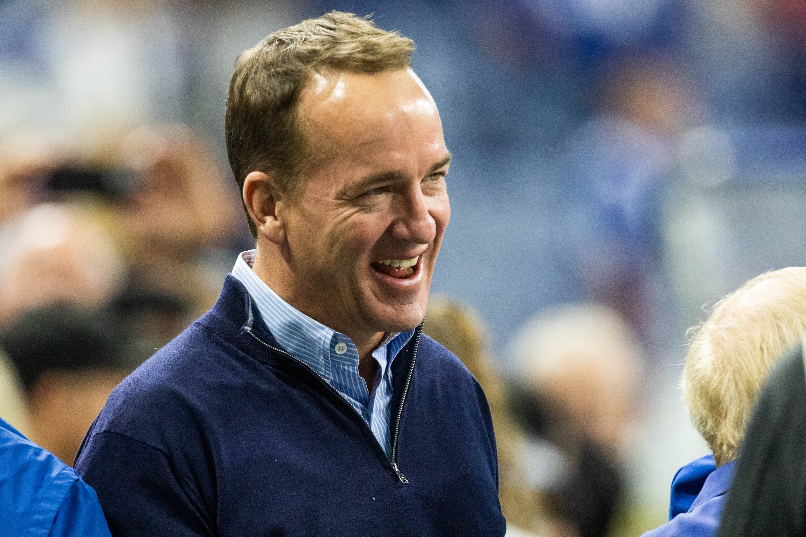 Oct 30, 2022; Indianapolis, Indiana, USA; Colts former starting quarterback and Super Bowl champion Peyton Manning on the field before the game against the Washington Commanders at Lucas Oil Stadium.