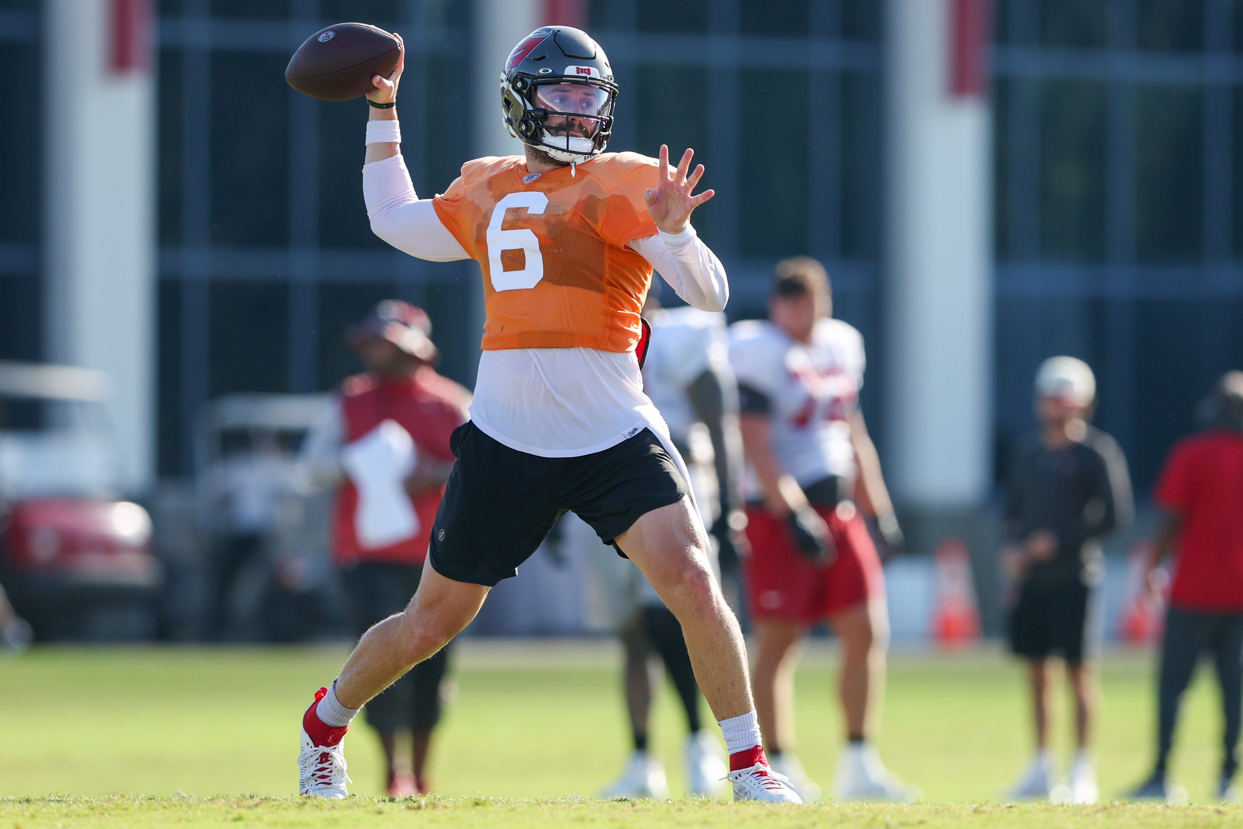 Aug 8, 2023; Tampa, FL, USA; Tampa Bay Buccaneers quarterback Baker Mayfield (6) participates in training camp at AdventHealth Training Center. Mandatory Credit: Nathan Ray Seebeck-USA TODAY Sports