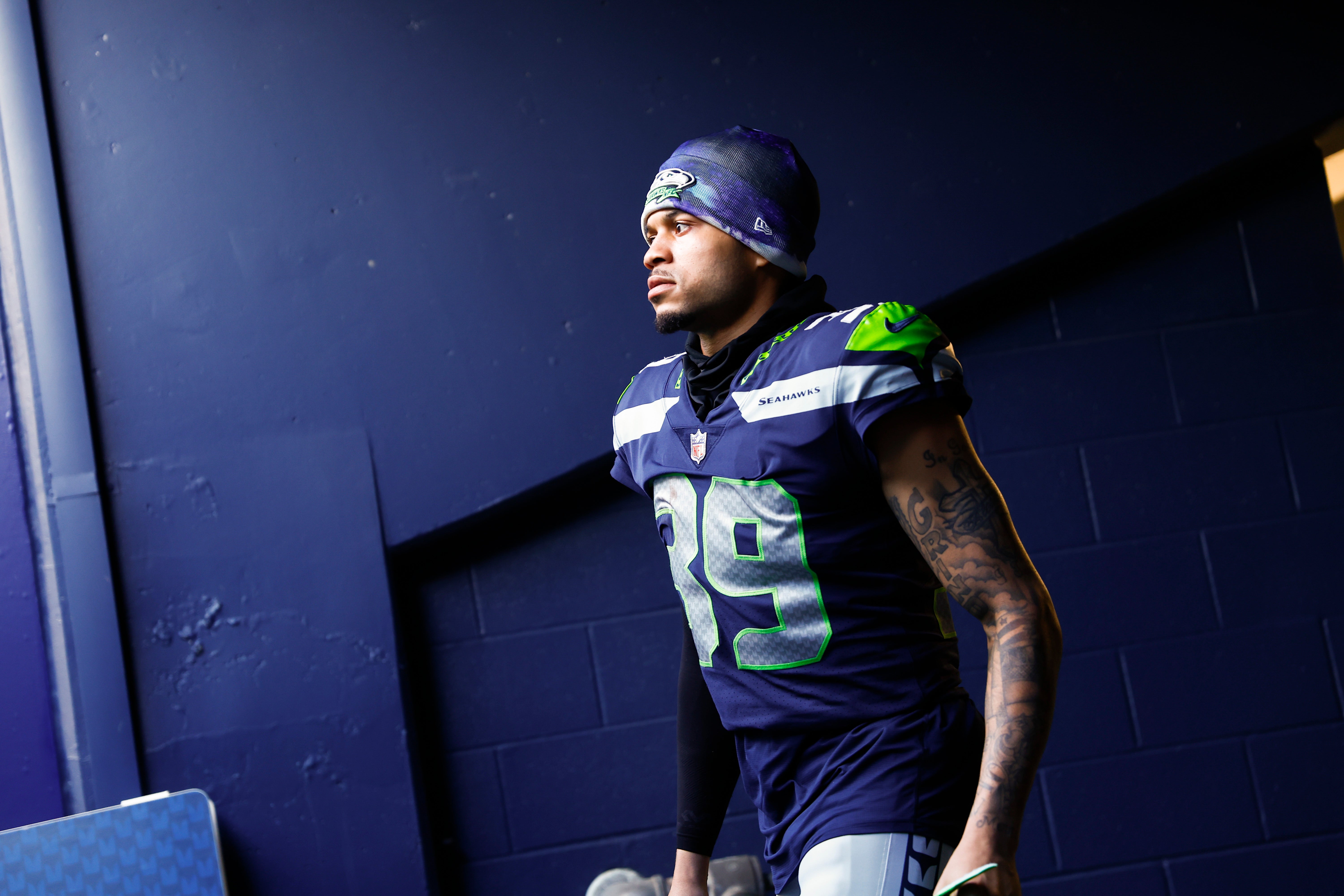 Jan 1, 2023; Seattle, Washington, USA; Seattle Seahawks safety Teez Tabor (39) exits the locker room before kickoff against the New York Jets at Lumen Field.