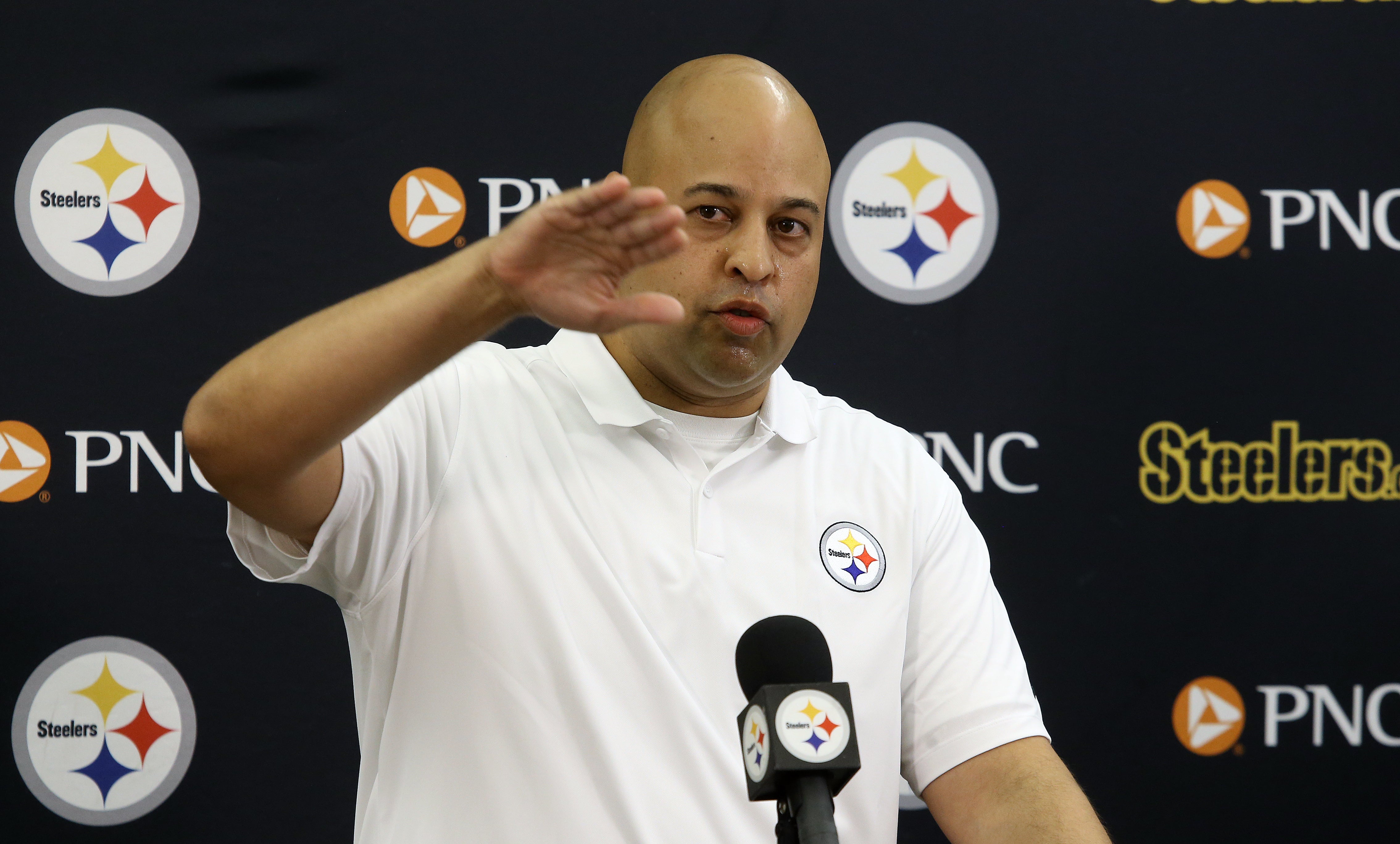 Jul 27, 2023; Latrobe, PA, USA; Pittsburgh Steelers general manager Omar Khan addresses the media prior to the start of training camp at Saint Vincent College. Mandatory Credit: Charles LeClaire-USA TODAY Sports