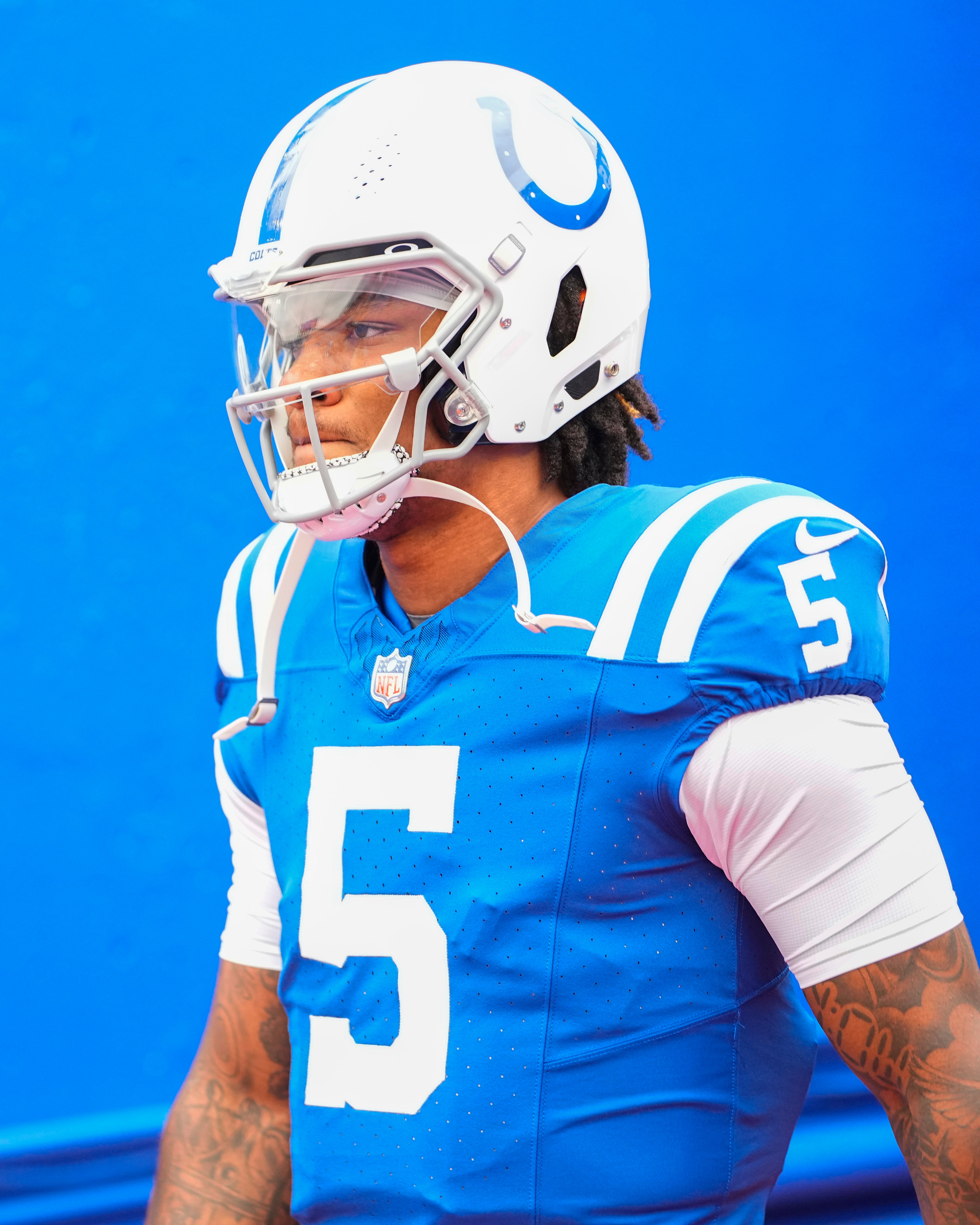 Aug 12, 2023; Orchard Park, New York, USA; Indianapolis Colts quarterback Anthony Richardson (5) walks out onto the field prior to the game against the Buffalo Bills at Highmark Stadium.