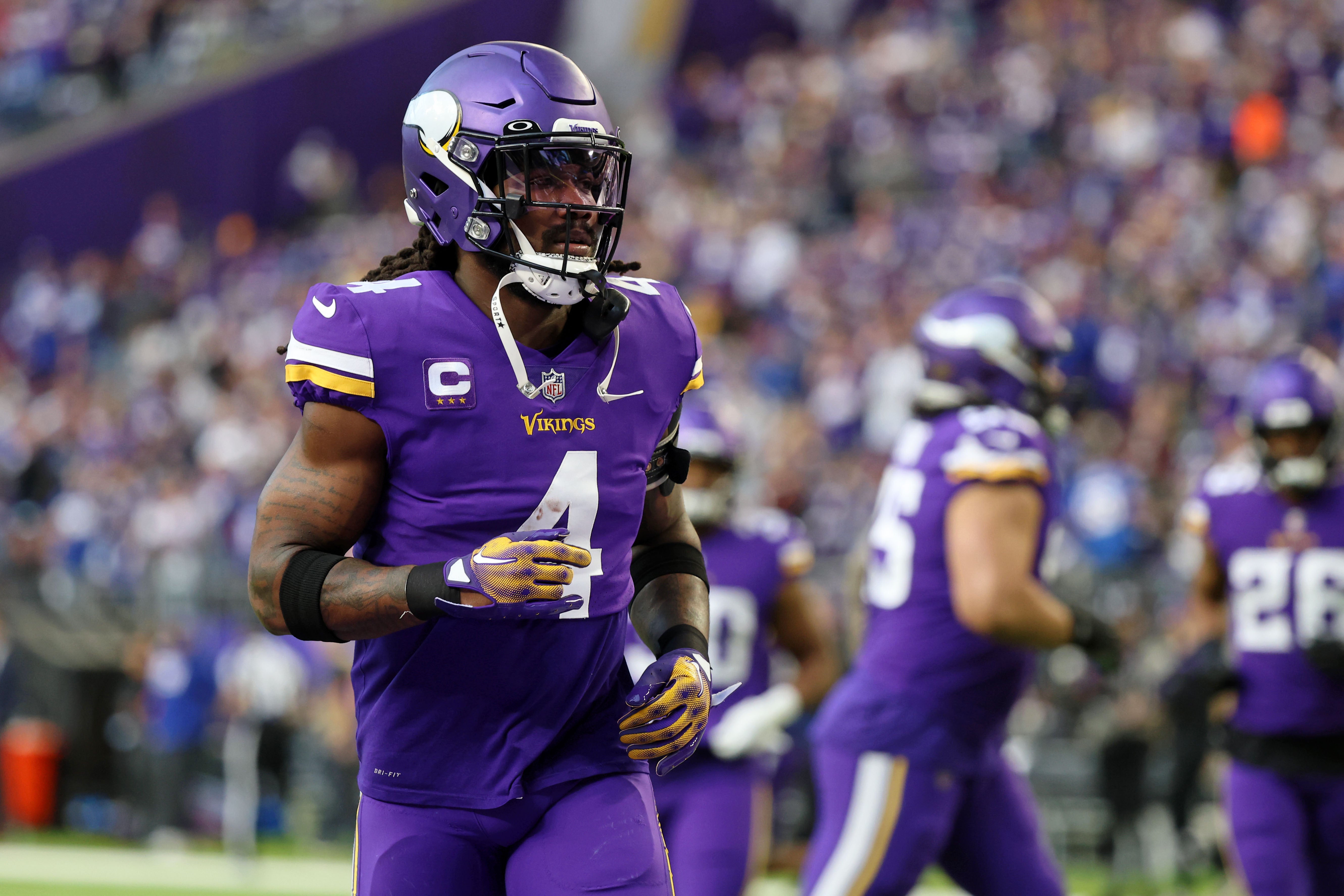 Minnesota Vikings running back Dalvin Cook (4) runs on the field during warmups before a wild card game against the New York Giants at U.S. Bank Stadium. Mandatory Credit: Matt Krohn-USA TODAY Sports