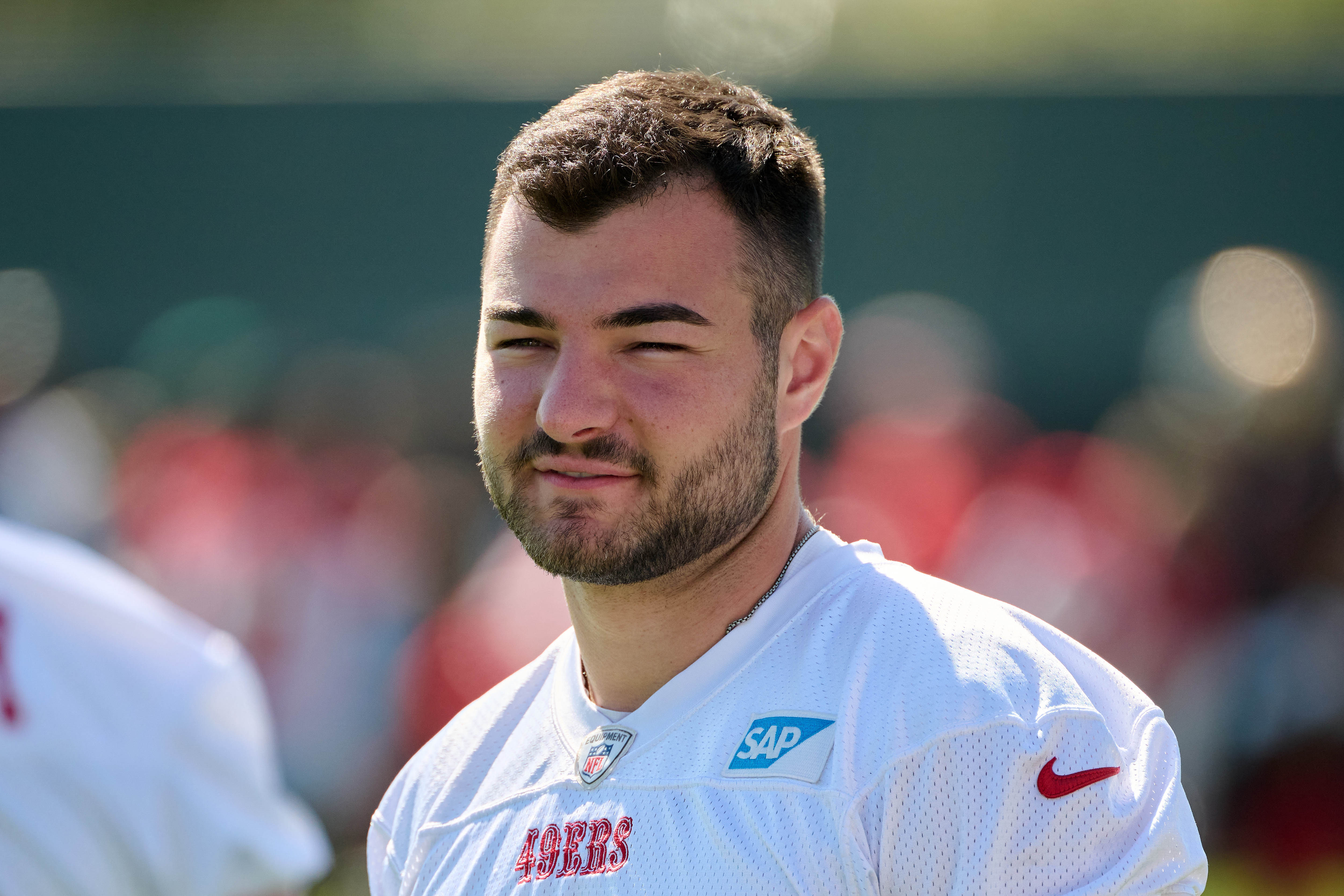 Jul 27, 2023; Santa Clara, CA, USA; San Francisco 49ers placekicker Jake Moody (4) stands on the field during training camp at the SAP Performance Facility. Mandatory Credit: Robert Edwards-USA TODAY Sports